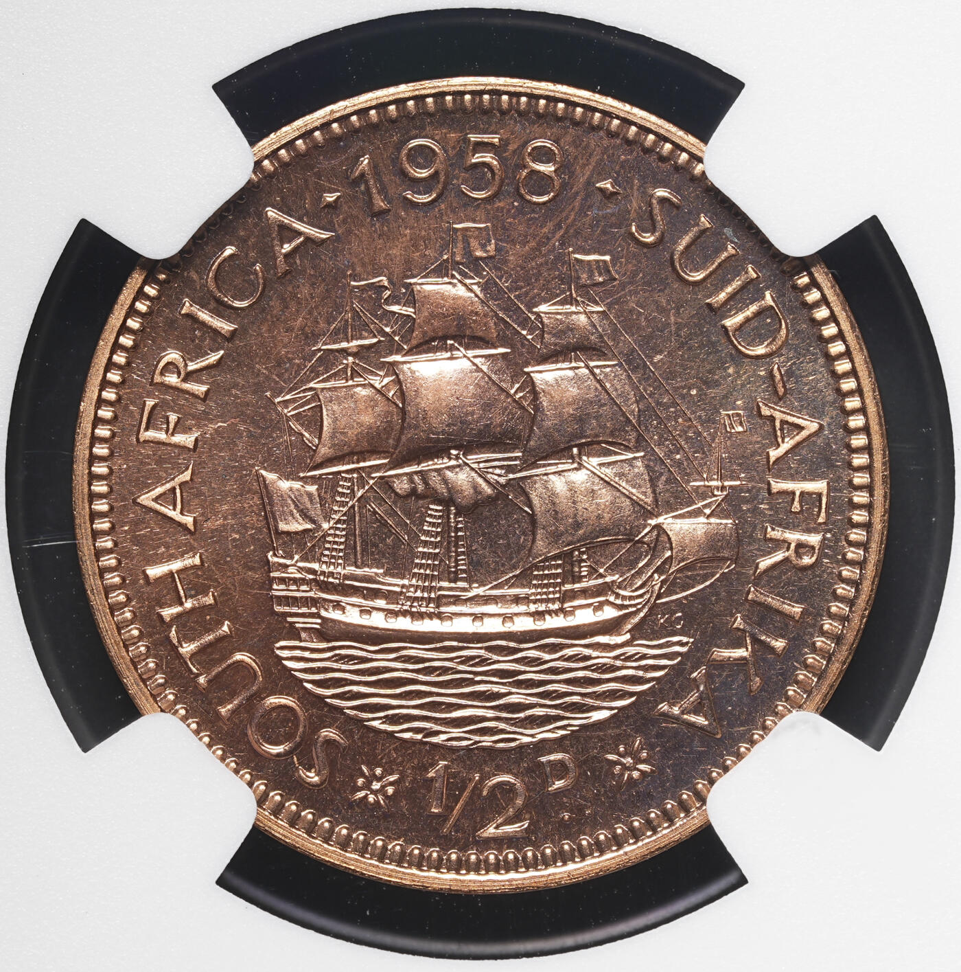 修遠堂世界钱币第四十期 全场包邮 NGC PF66RB 1958年南非1/2便士精制铜币 仅铸造985枚