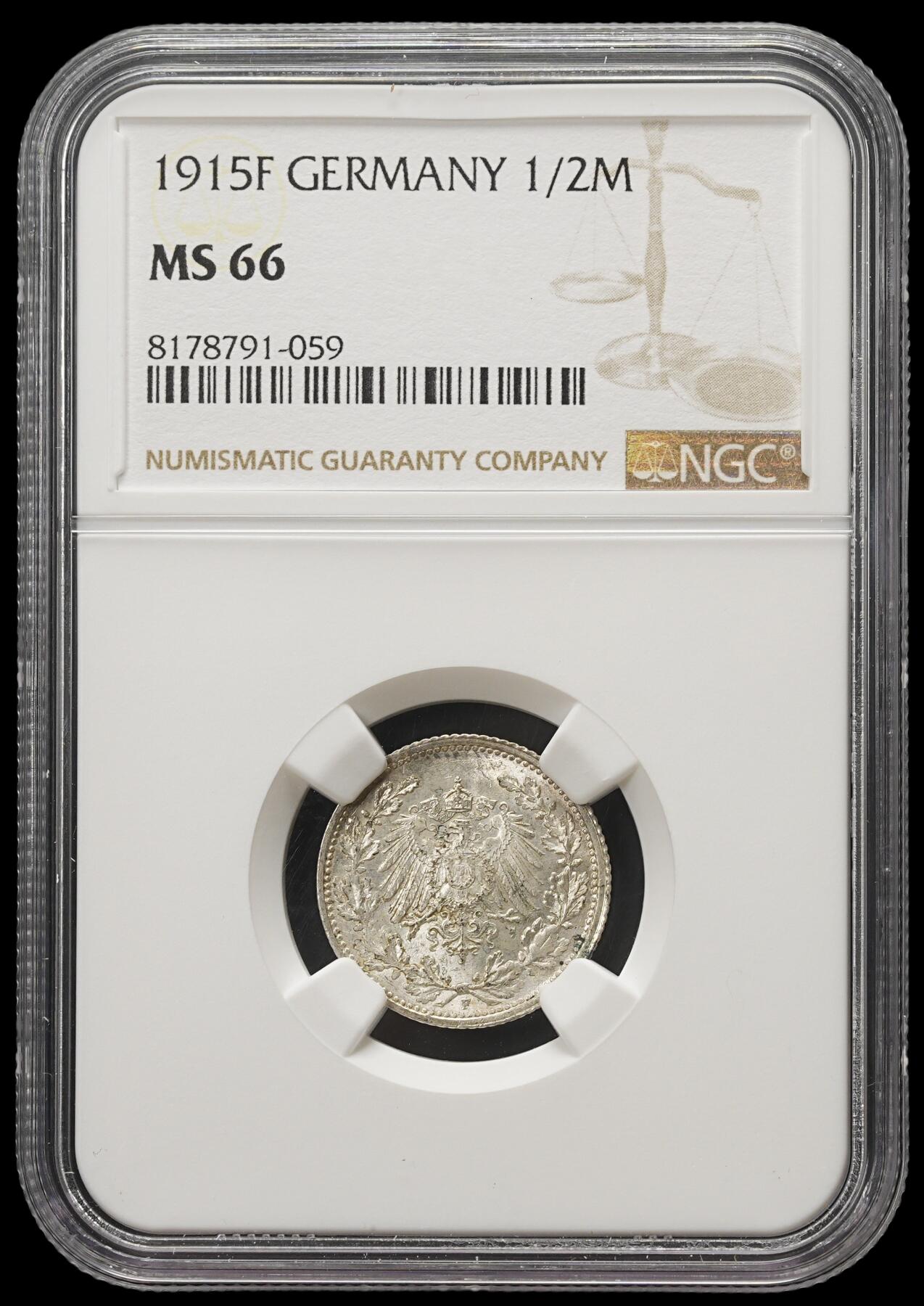 修遠堂世界钱币第四十期 全场包邮 NGC MS66 1915年德国1/2马克银币