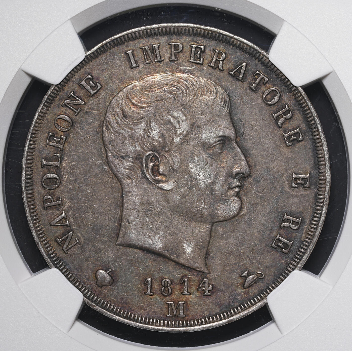 修遠堂世界钱币第四十期 全场包邮 稀少五彩 NGC AU53 1814年拿破仑意大利王国5里拉大银币 拿破仑在位最后一年 仅铸造10.2万枚 存世稀少