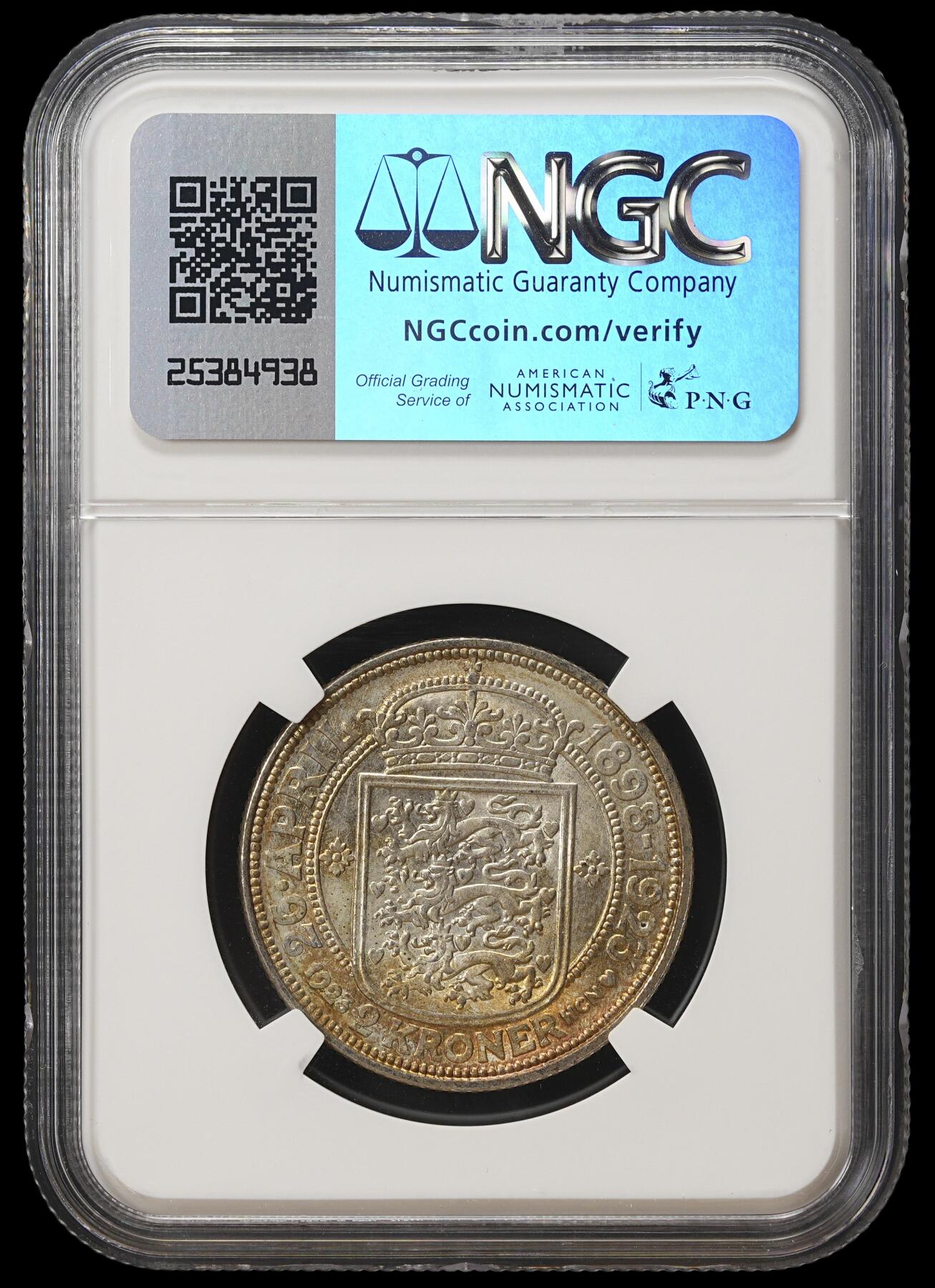 修遠堂世界钱币第四十期 全场包邮 NGC MS65 1923年丹麦国王银婚纪念2克朗银币