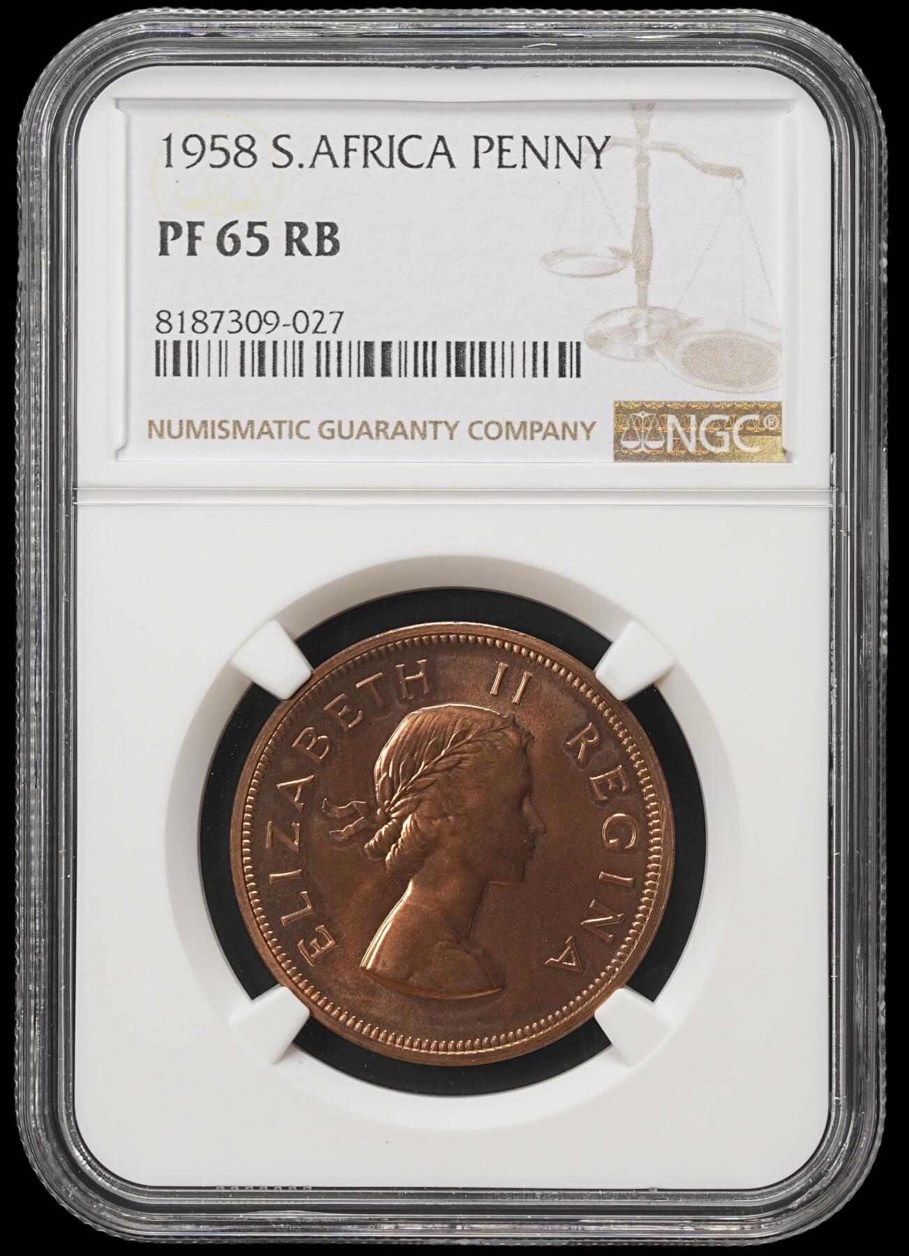 修遠堂世界钱币第四十期 全场包邮 NGC PF65RB 1958年南非1便士精制铜币 仅铸造985枚