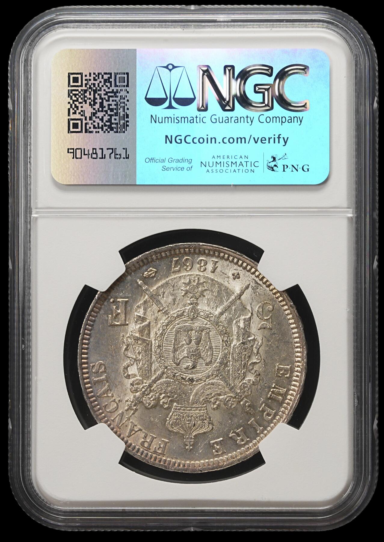 修遠堂世界钱币第四十期 全场包邮 五彩 NGC AU58 1867年拿破仑三世5法郎大银币 BB厂铭