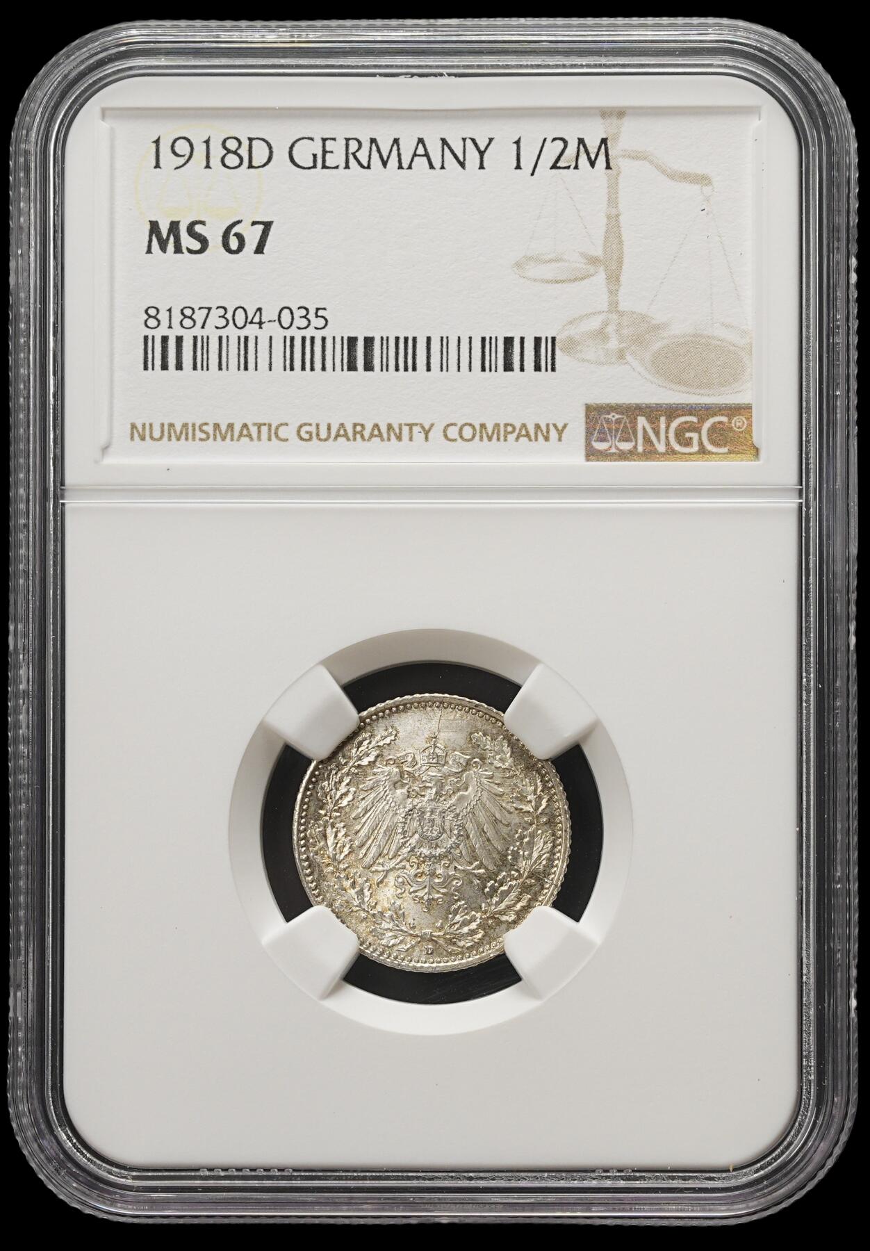 修遠堂世界钱币第四十期 全场包邮 NGC MS67 1918年德国1/2马克银币