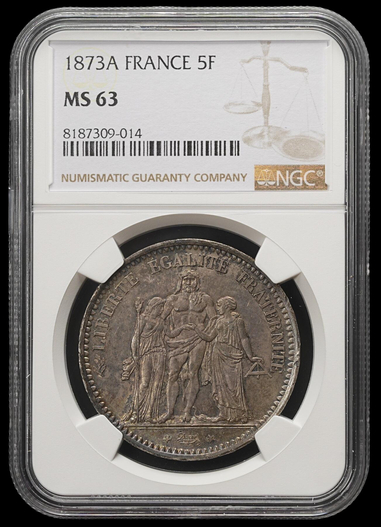 修遠堂世界钱币第四十期 全场包邮 五彩 NGC MS63 1873年法国大力神5法郎大银币 A厂铭