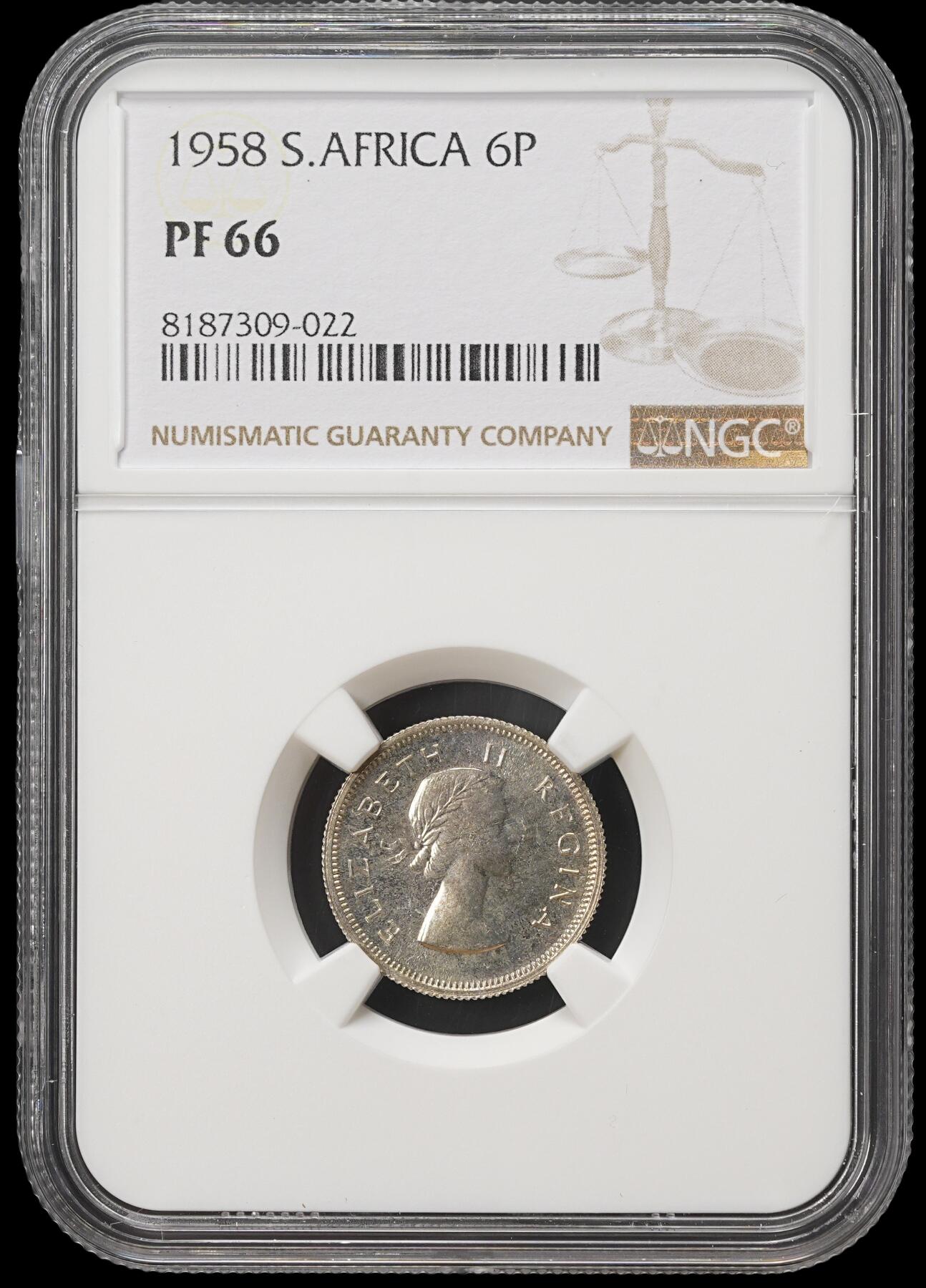 修遠堂世界钱币第四十期 全场包邮 NGC PF66 1958年南非6便士精制银币 仅铸造985枚