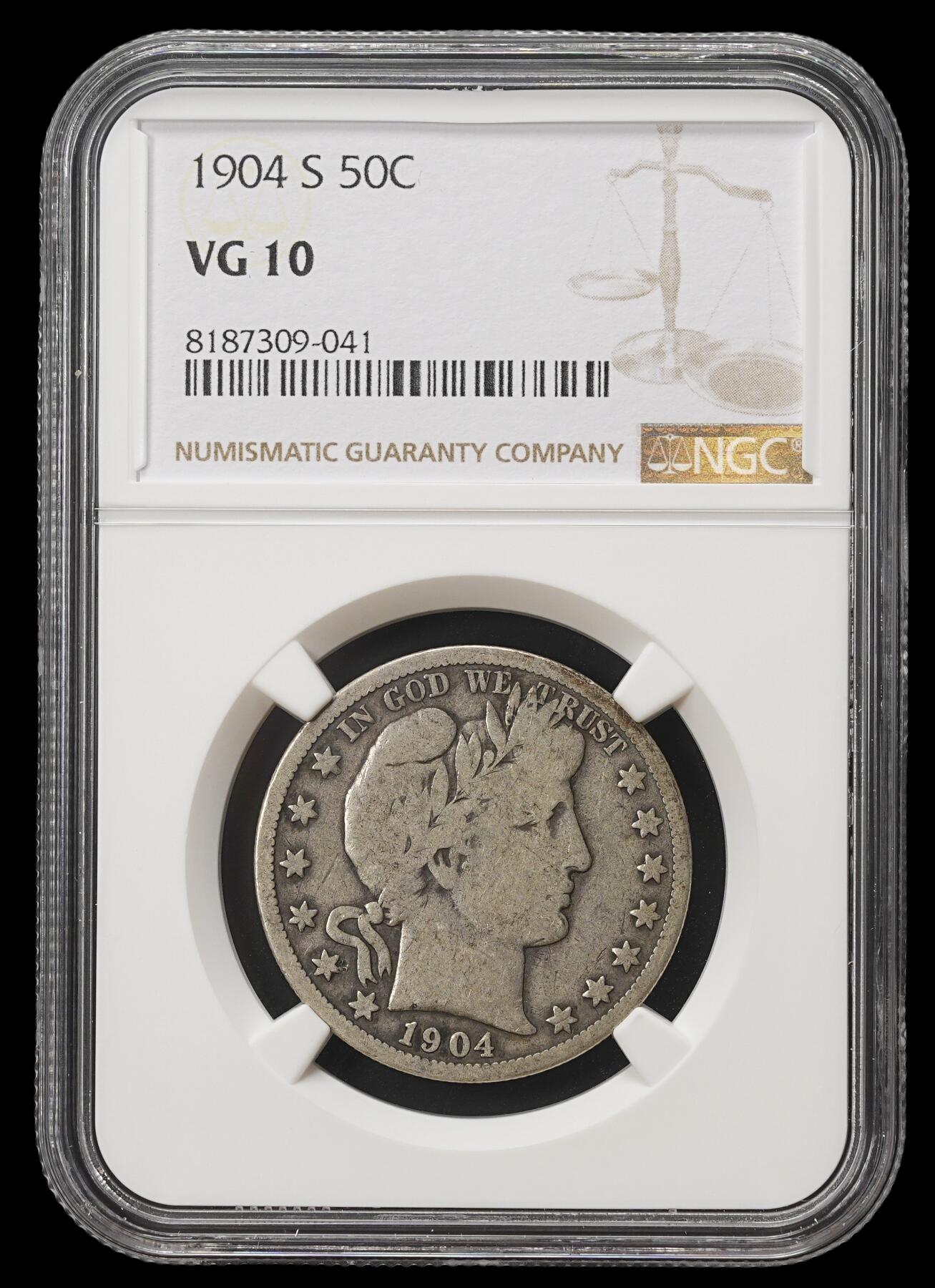 修遠堂世界钱币第四十期 全场包邮 稀少年份 NGC VG10 1904年美国50美分银币 S厂铭 2023年HA同分成交价384美元