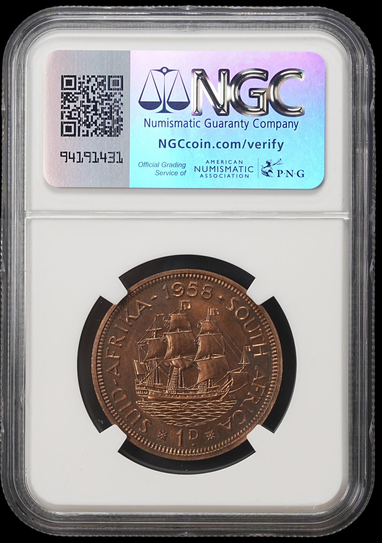 修遠堂世界钱币第四十期 全场包邮 NGC PF65RB 1958年南非1便士精制铜币 仅铸造985枚