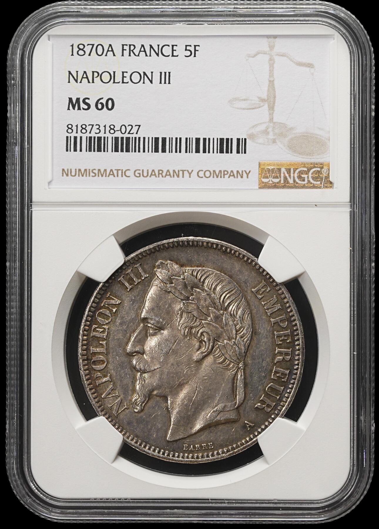 修遠堂世界钱币第四十期 全场包邮 五彩 NGC MS60 1870年拿破仑三世5法郎大银币
