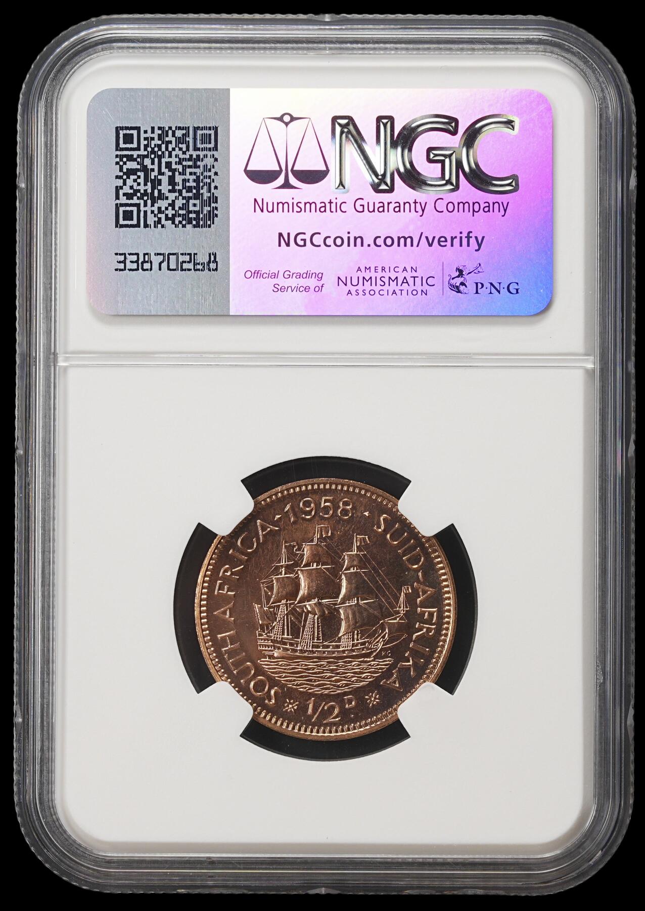 修遠堂世界钱币第四十期 全场包邮 NGC PF66RB 1958年南非1/2便士精制铜币 仅铸造985枚