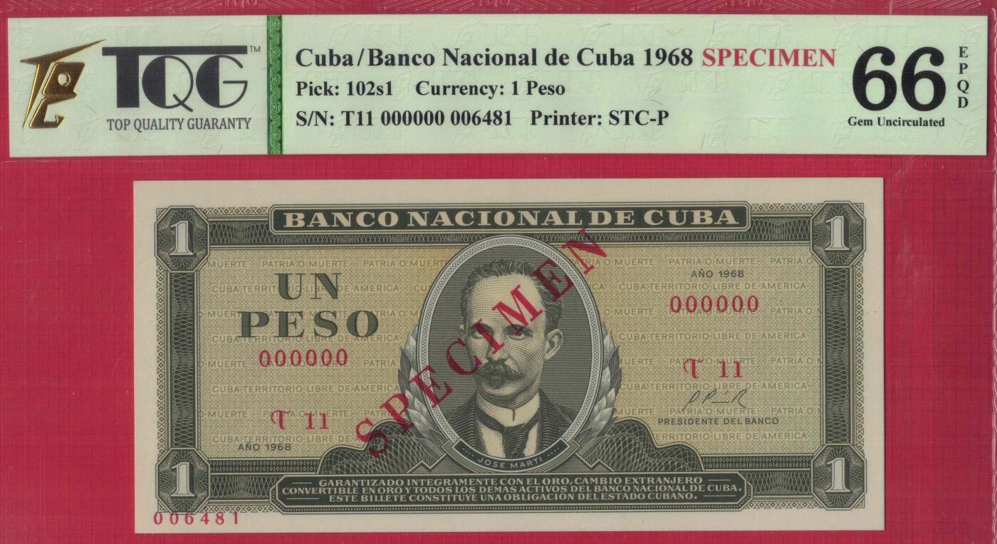 古巴1968年1比索 P-102s1 样钞(票样 样票) 全0号 实物图 UNC 评级币66EPQD