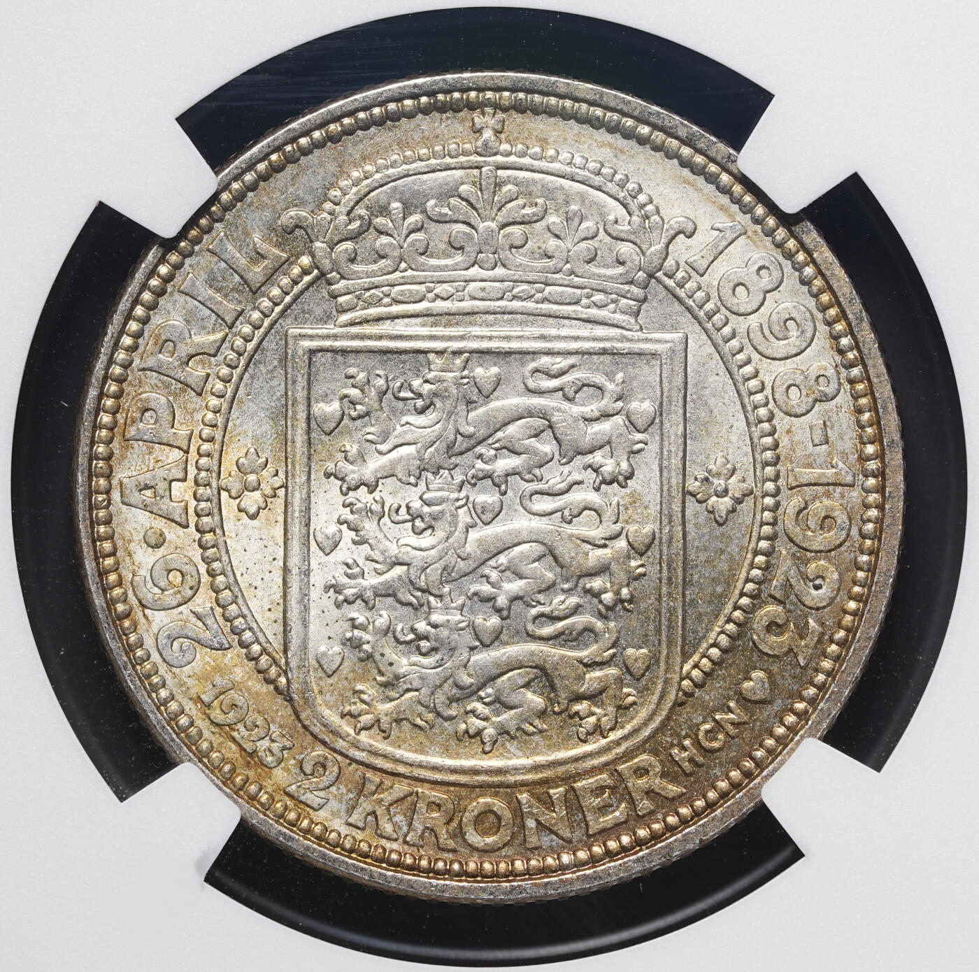 修遠堂世界钱币第四十期 全场包邮 NGC MS65 1923年丹麦国王银婚纪念2克朗银币