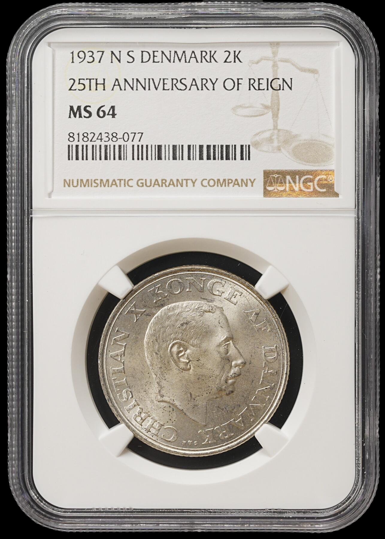 修遠堂世界钱币第四十期 全场包邮 NGC MS64 1937年丹麦国王登基25周年纪念2克朗银币