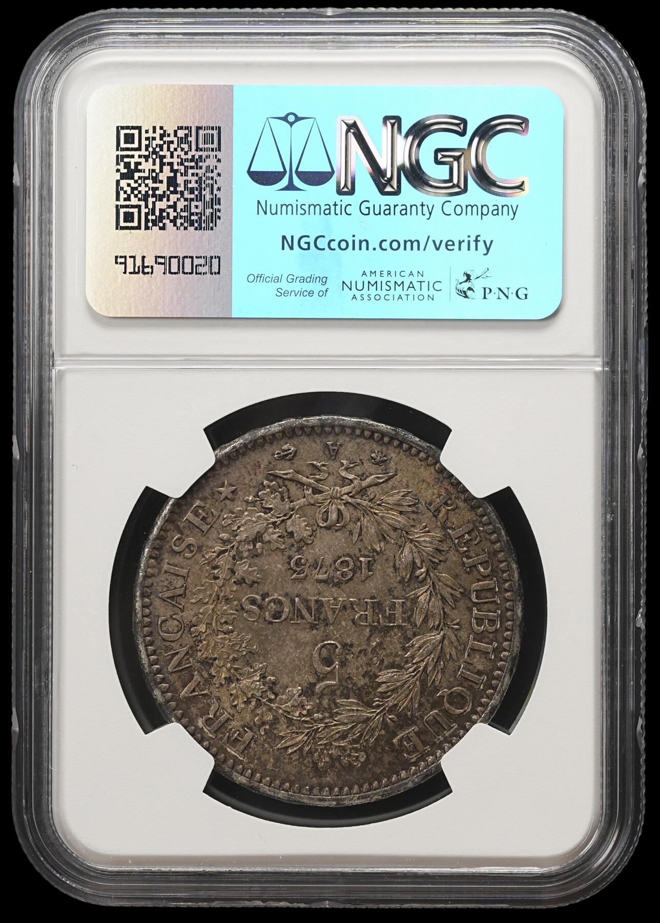 修遠堂世界钱币第四十期 全场包邮 五彩 NGC MS63 1873年法国大力神5法郎大银币 A厂铭