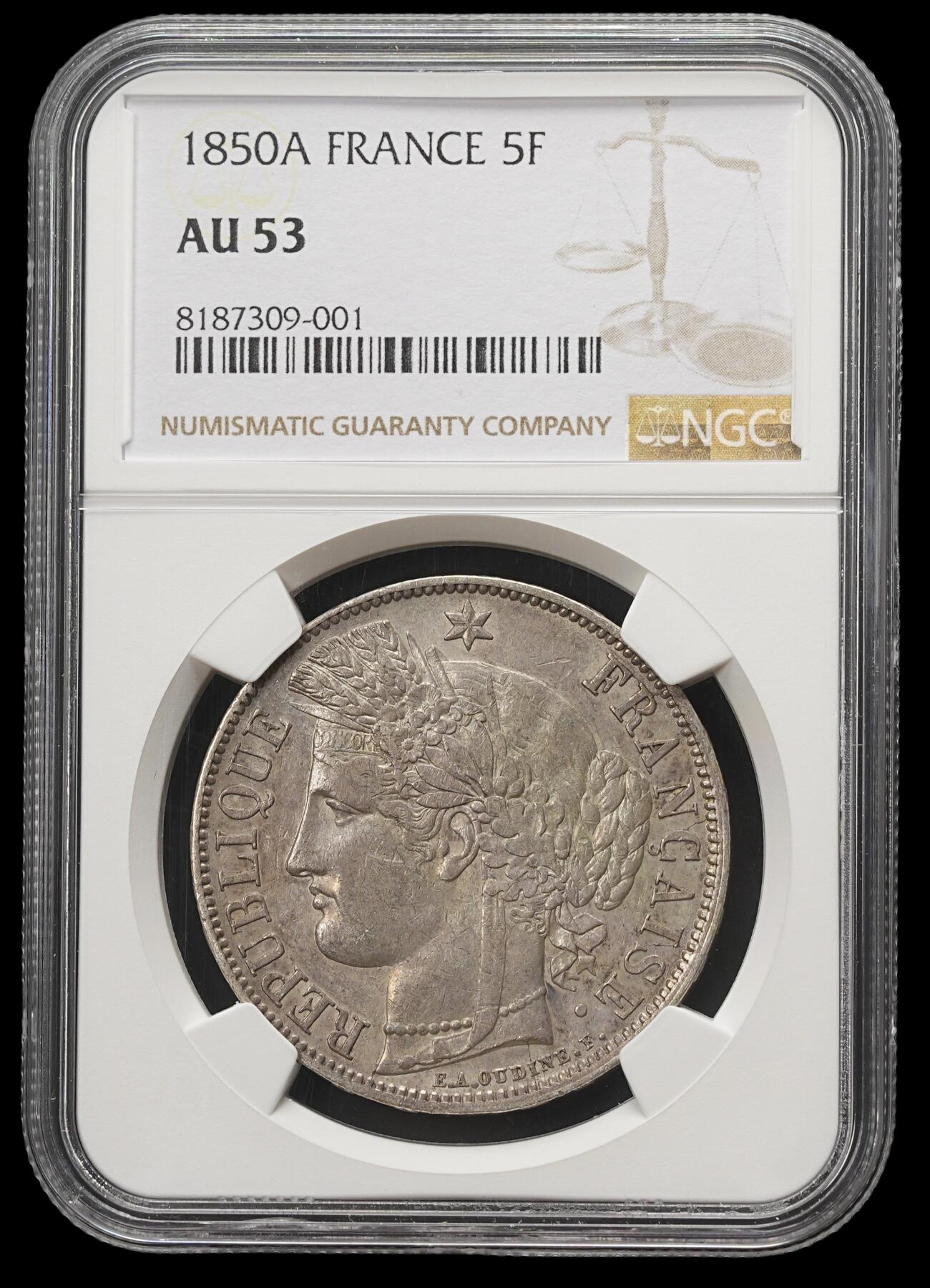 修遠堂世界钱币第四十期 全场包邮 纸袋灰彩 NGC AU53 1850年法国谷物女神5法郎大银币 A厂铭