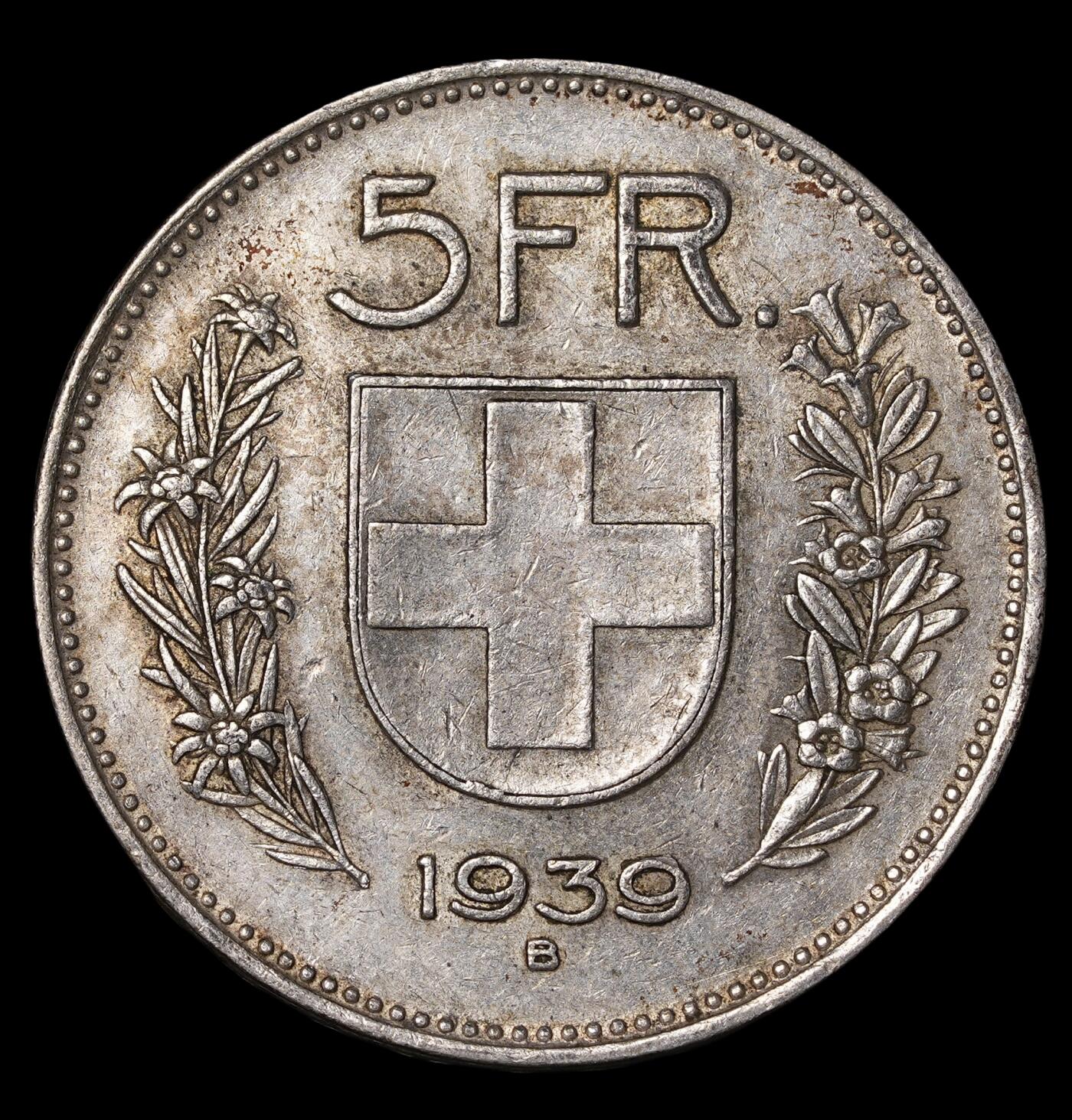 修遠堂世界钱币第四十期 全场包邮 1939年瑞士5法郎银币 15g，含银83.5%