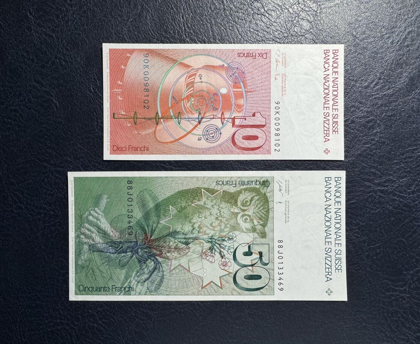 收藏联盟Quantum Auction 第378期拍卖  瑞士1990年10法郎和1988年50法郎 品相AU+到UNC-  细节如图 