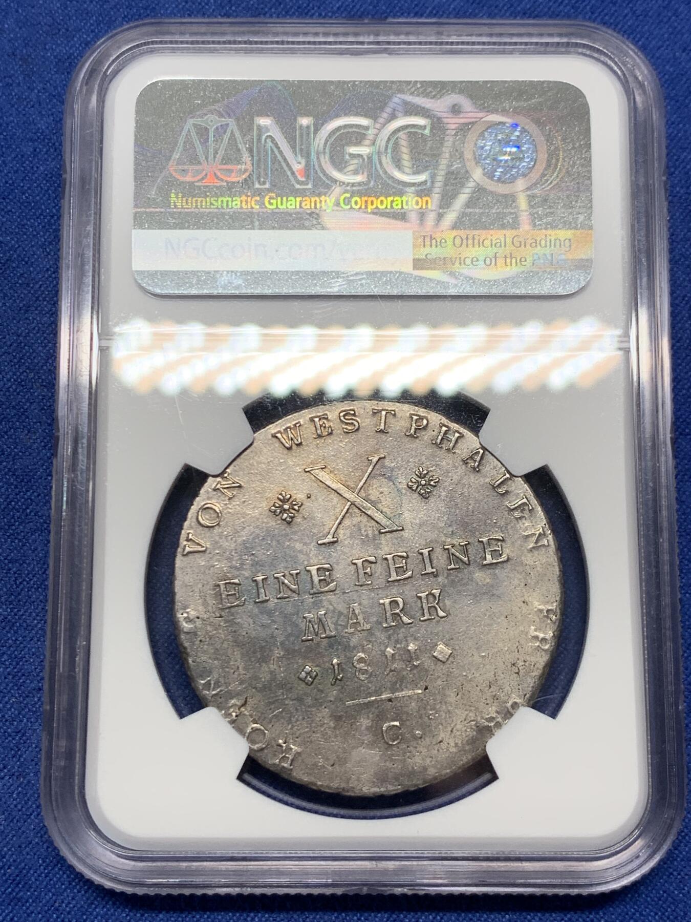《竞宝斋》秋分专场 2-1 中拍送定制纪念章 周日，周一（全场顺丰包邮）310场 NGC AU 德国 1811 威斯特伐利亚王国  波拿巴 泰勒大银币 大头版只发行三年 人物细节极好