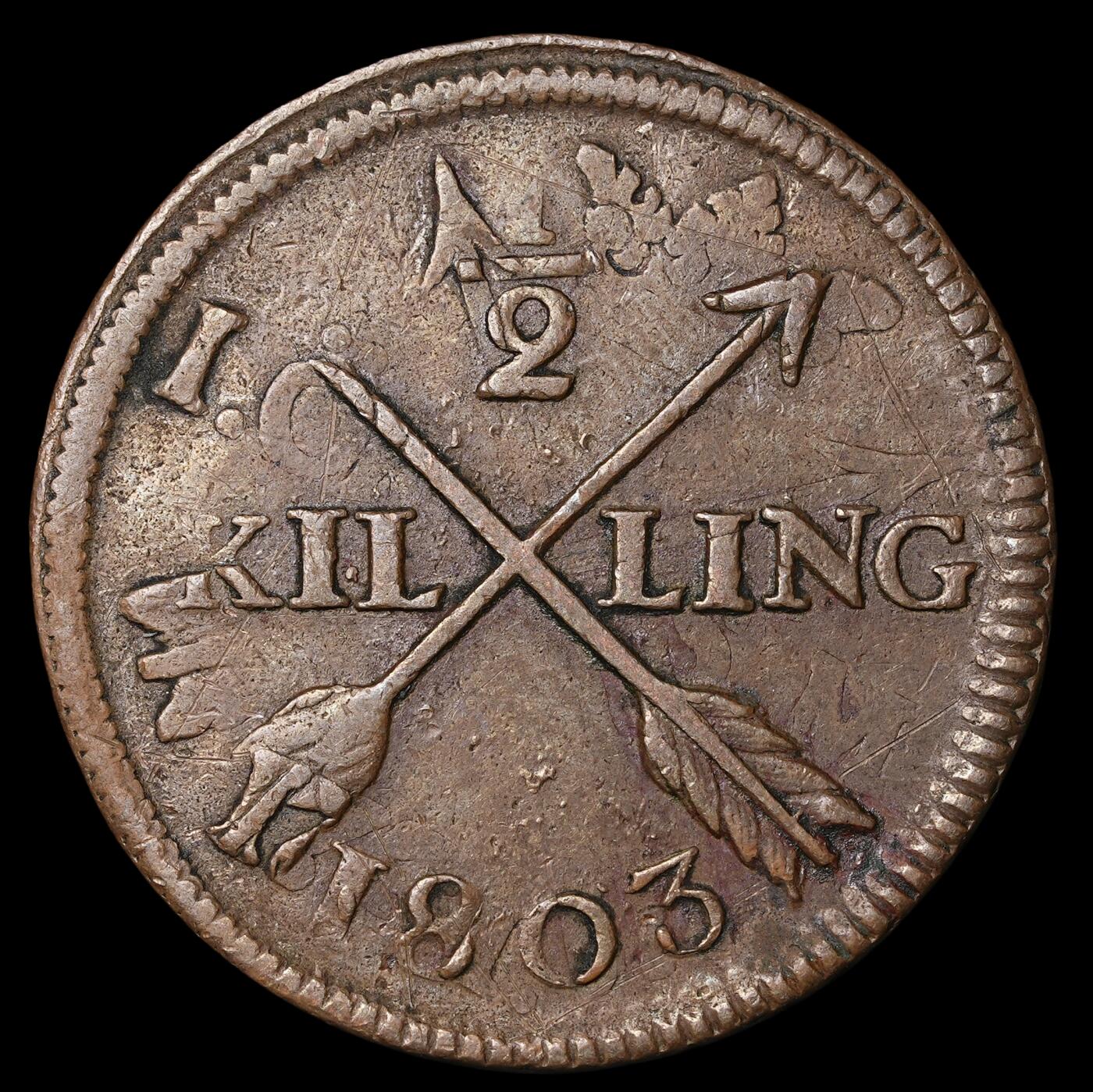 修遠堂世界钱币第四十期 全场包邮 1803年瑞典1/2 SKILLING铜币 重13.73g