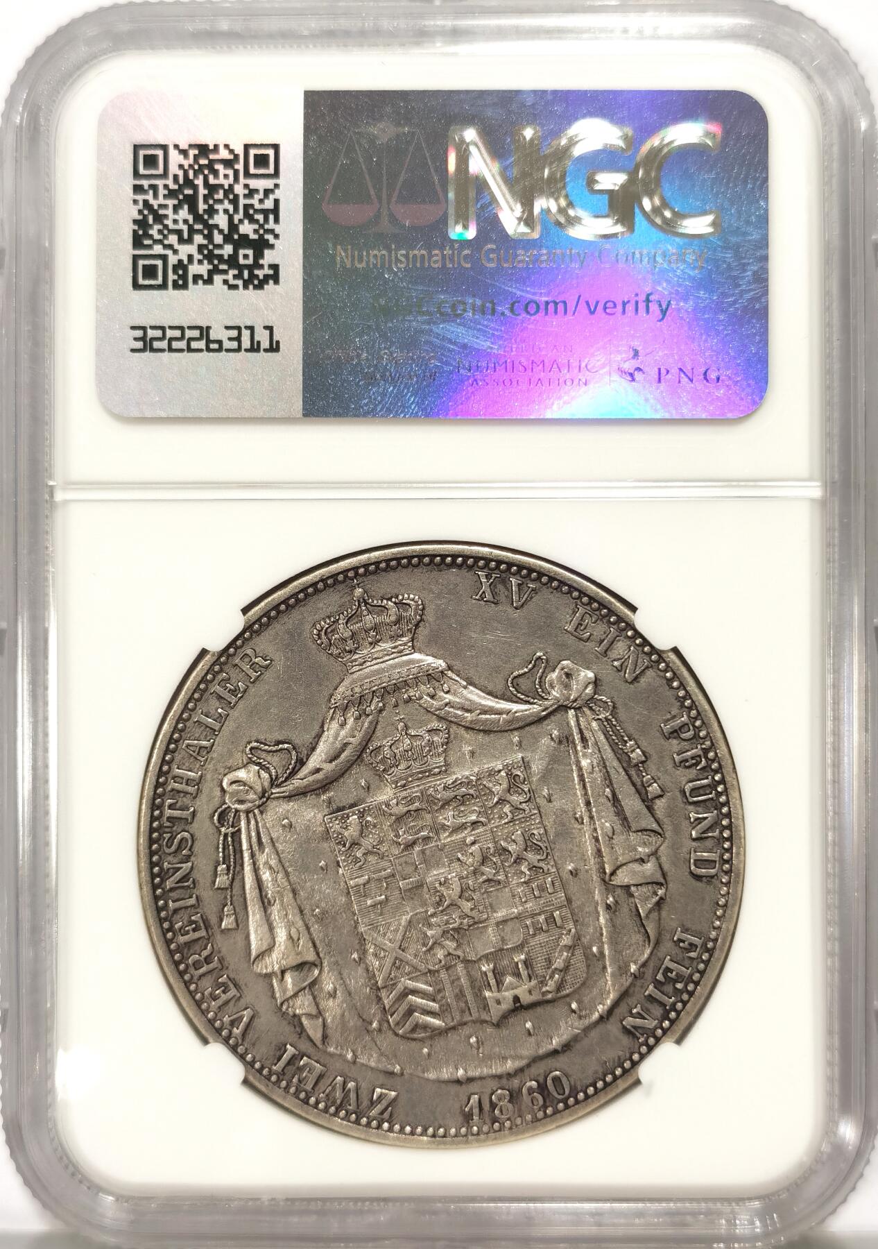 博洋堂世界钱币拍卖第092期（全场包邮） NGC AU55 德国拿骚1860年纹章流通2泰勒大银，少见单年版
