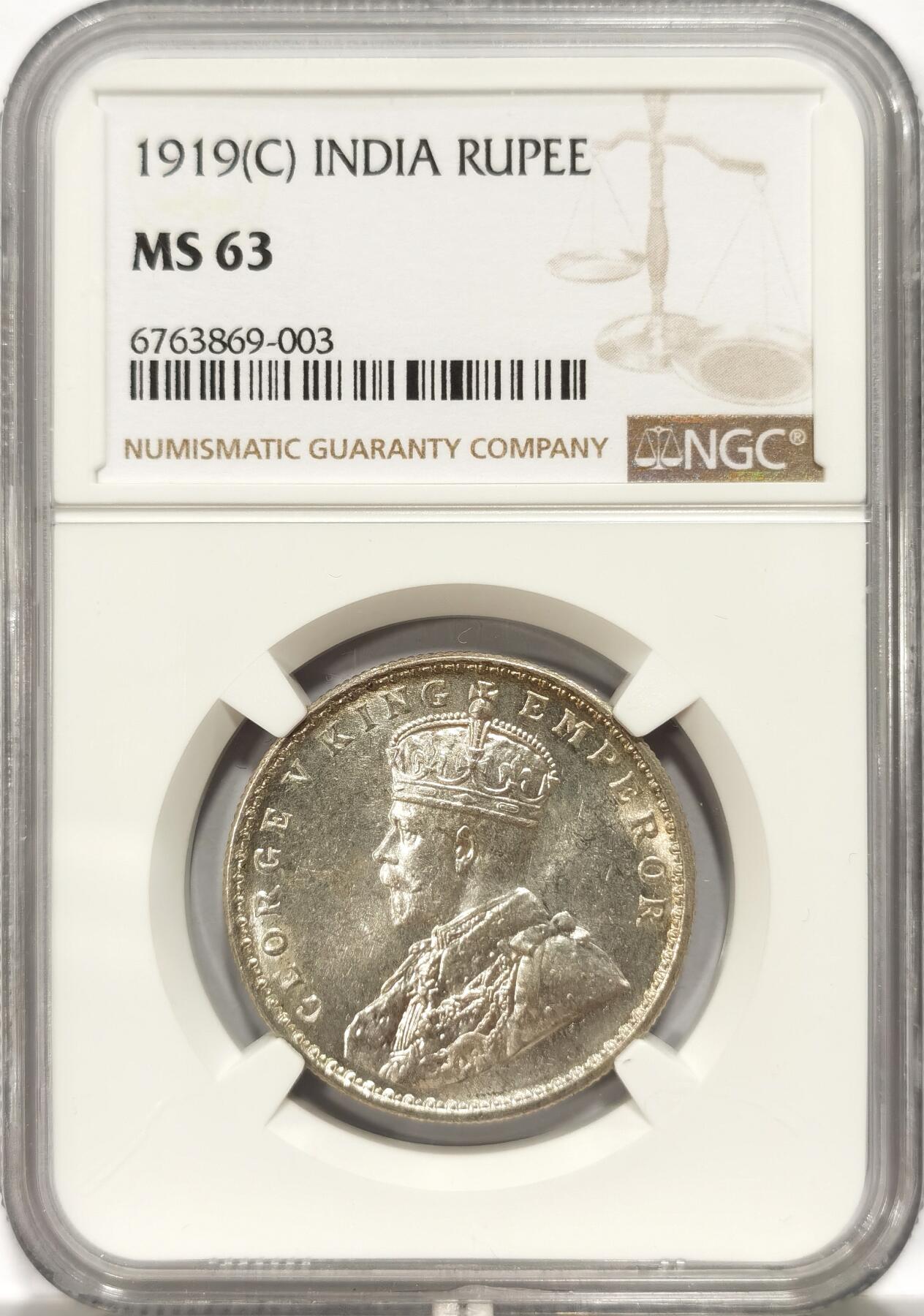 博洋堂世界钱币拍卖第092期（全场包邮） NGC MS63 英属印度1919年C版乔治五世1卢比银币 原光好品