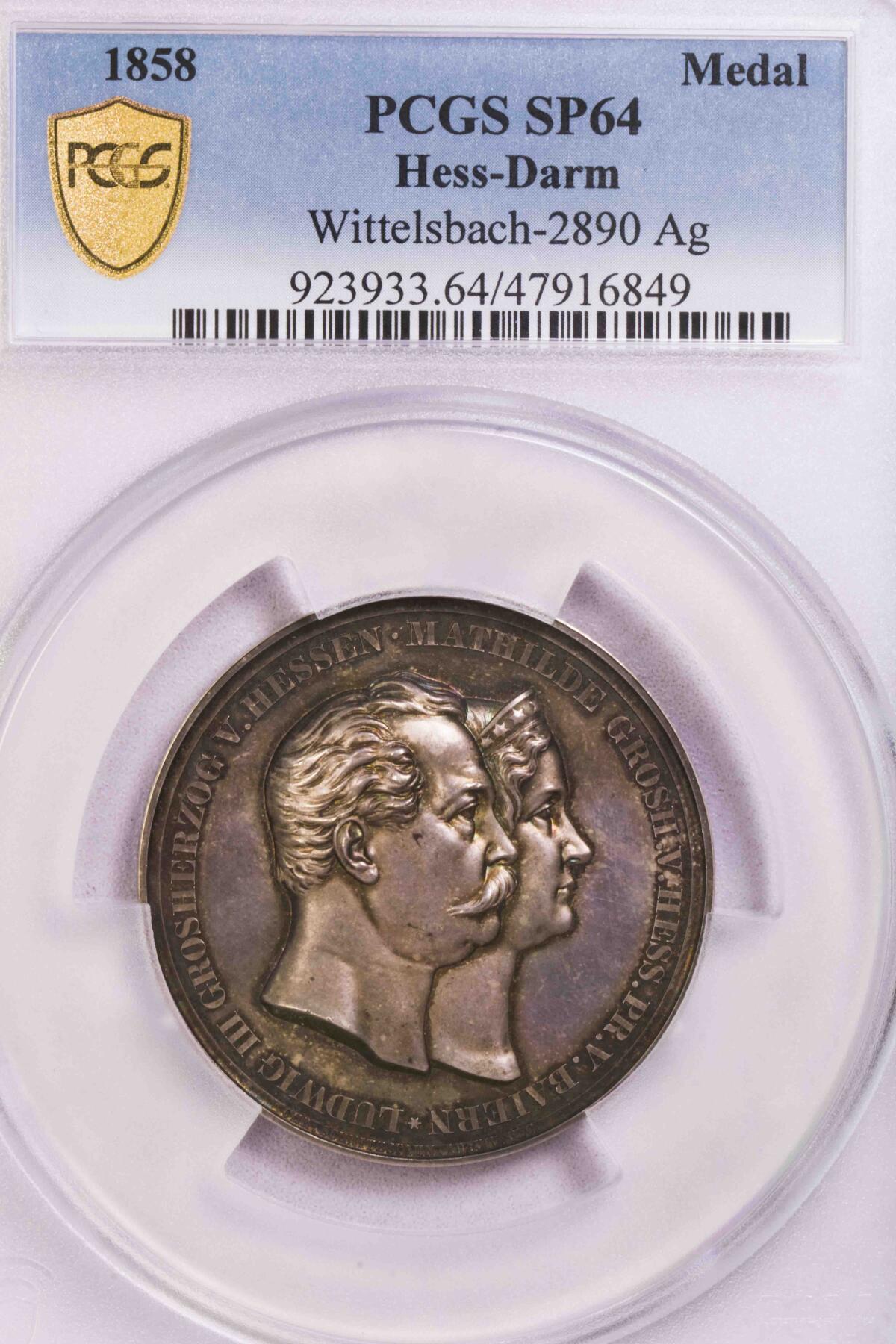 PCGS-SP64 1858黑森达姆斯塔特双头女神大银章唯一冠军