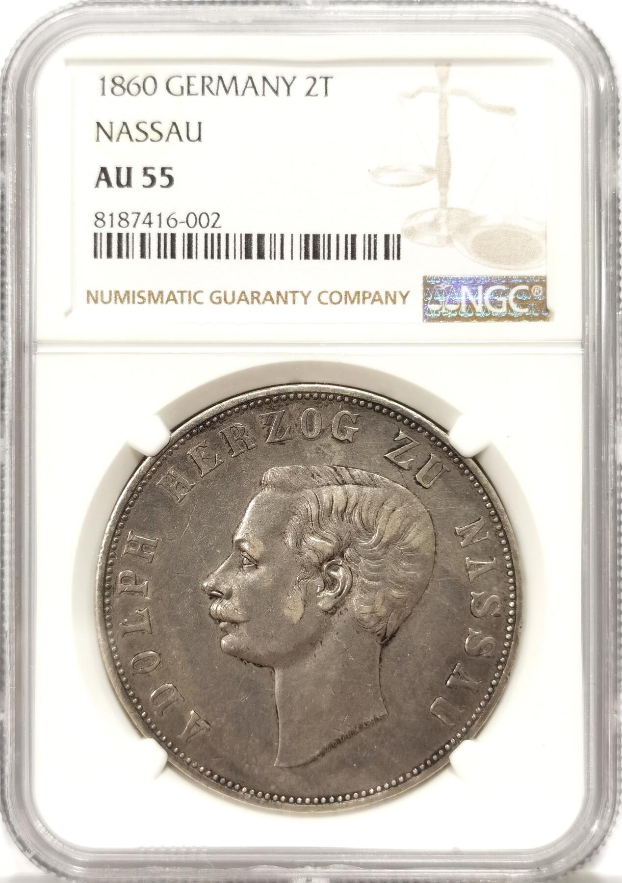 博洋堂世界钱币拍卖第092期（全场包邮） NGC AU55 德国拿骚1860年纹章流通2泰勒大银，少见单年版