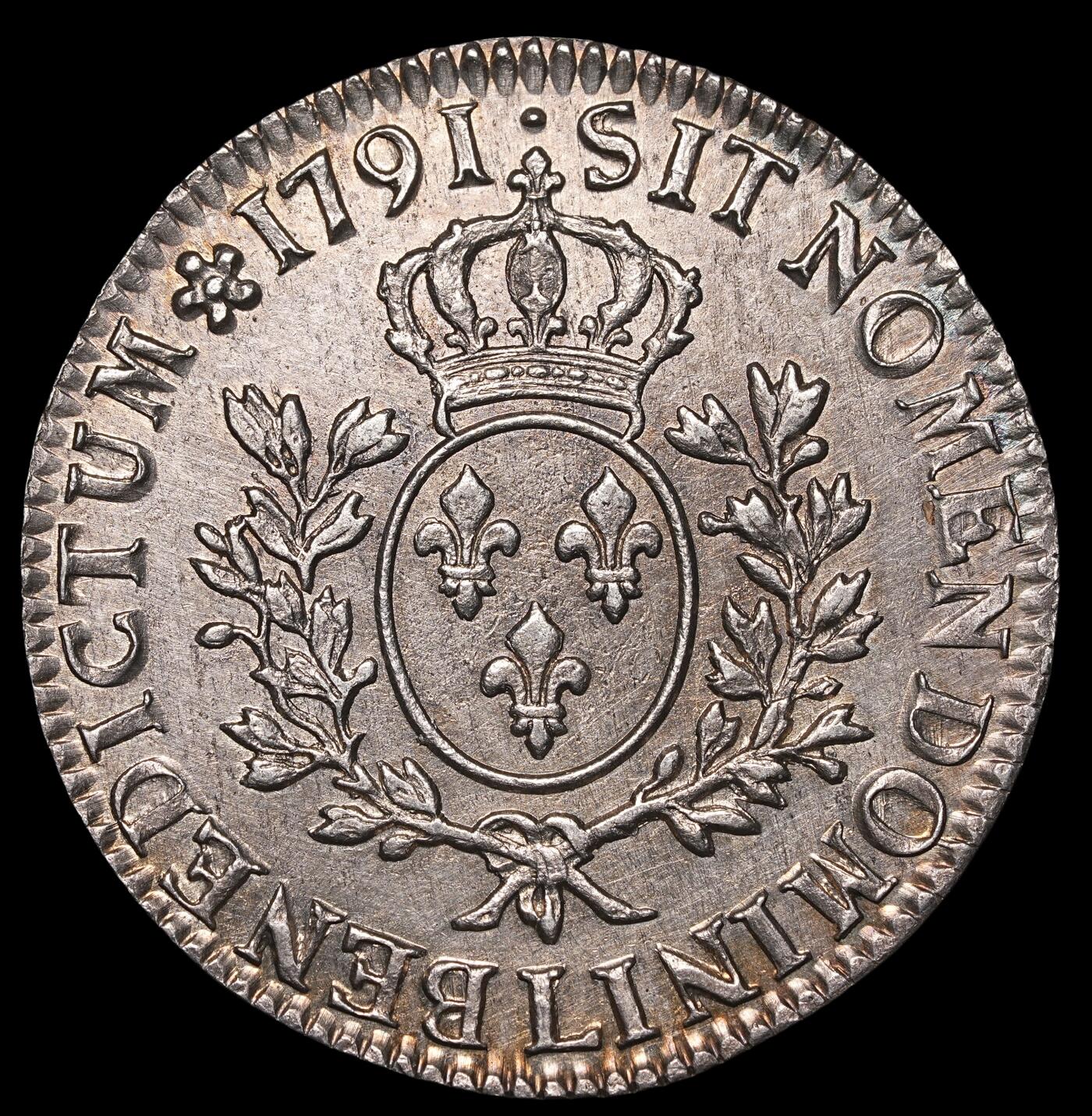 修遠堂世界钱币第四十期 全场包邮 AU品 1791年法国1埃居大银币 路易十六 L厂铭
