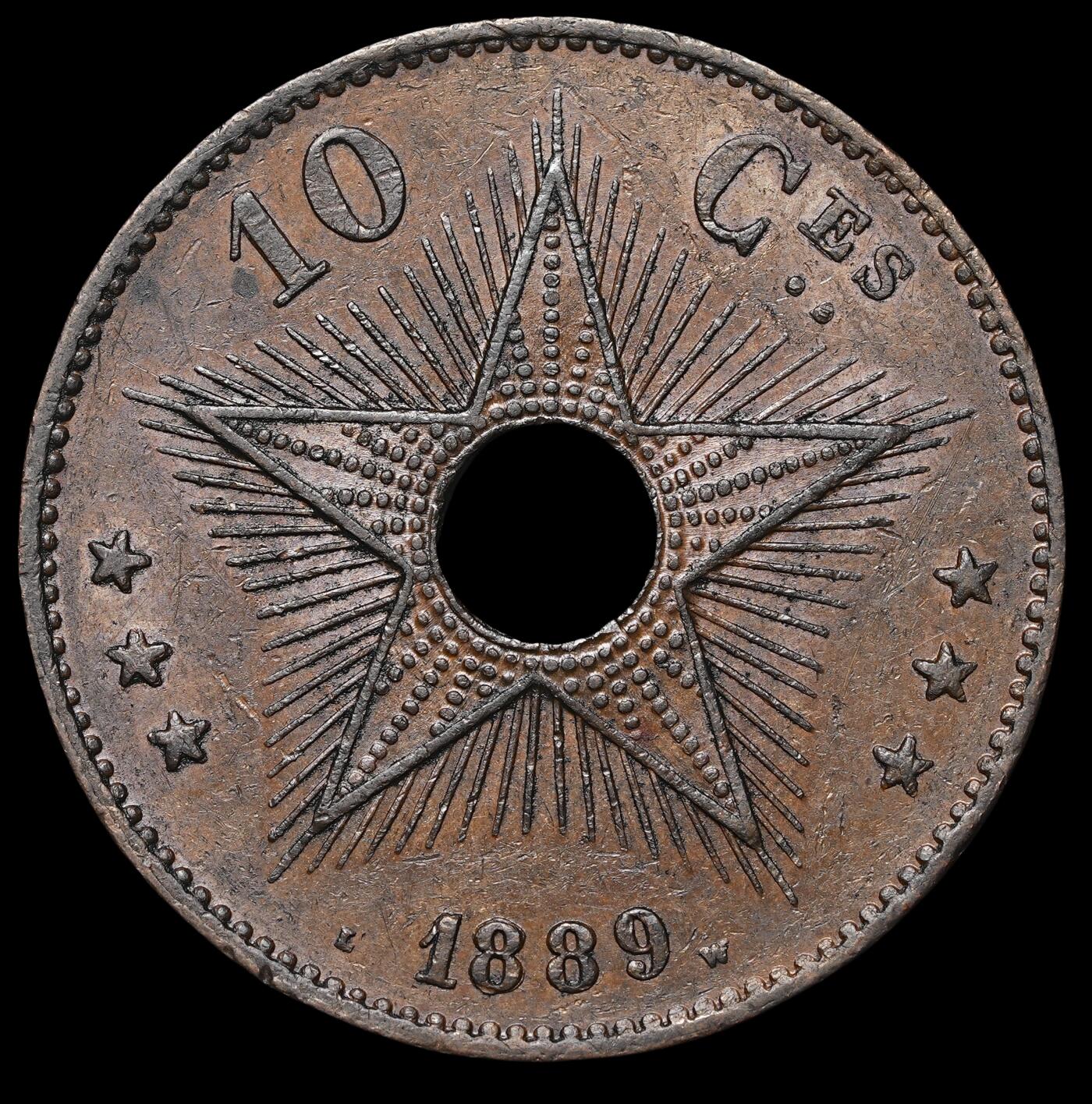 修遠堂世界钱币第四十期 全场包邮 1889年刚果中孔10分大铜币 重20.43g