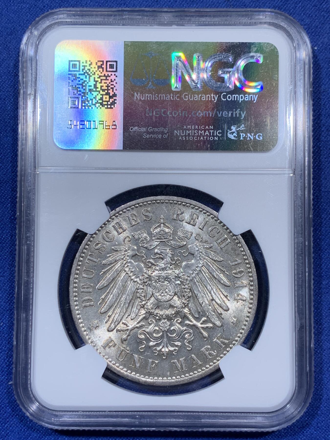 《竞宝斋》秋分专场 2-1 中拍送定制纪念章 周日，周一（全场顺丰包邮）310场 NGC MS62 德国1914E萨克森5马克银币