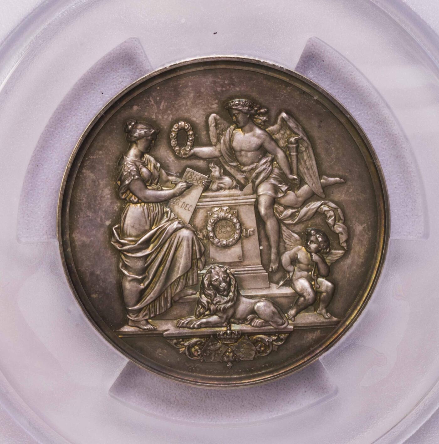 PCGS-SP64 1858黑森达姆斯塔特双头女神大银章唯一冠军