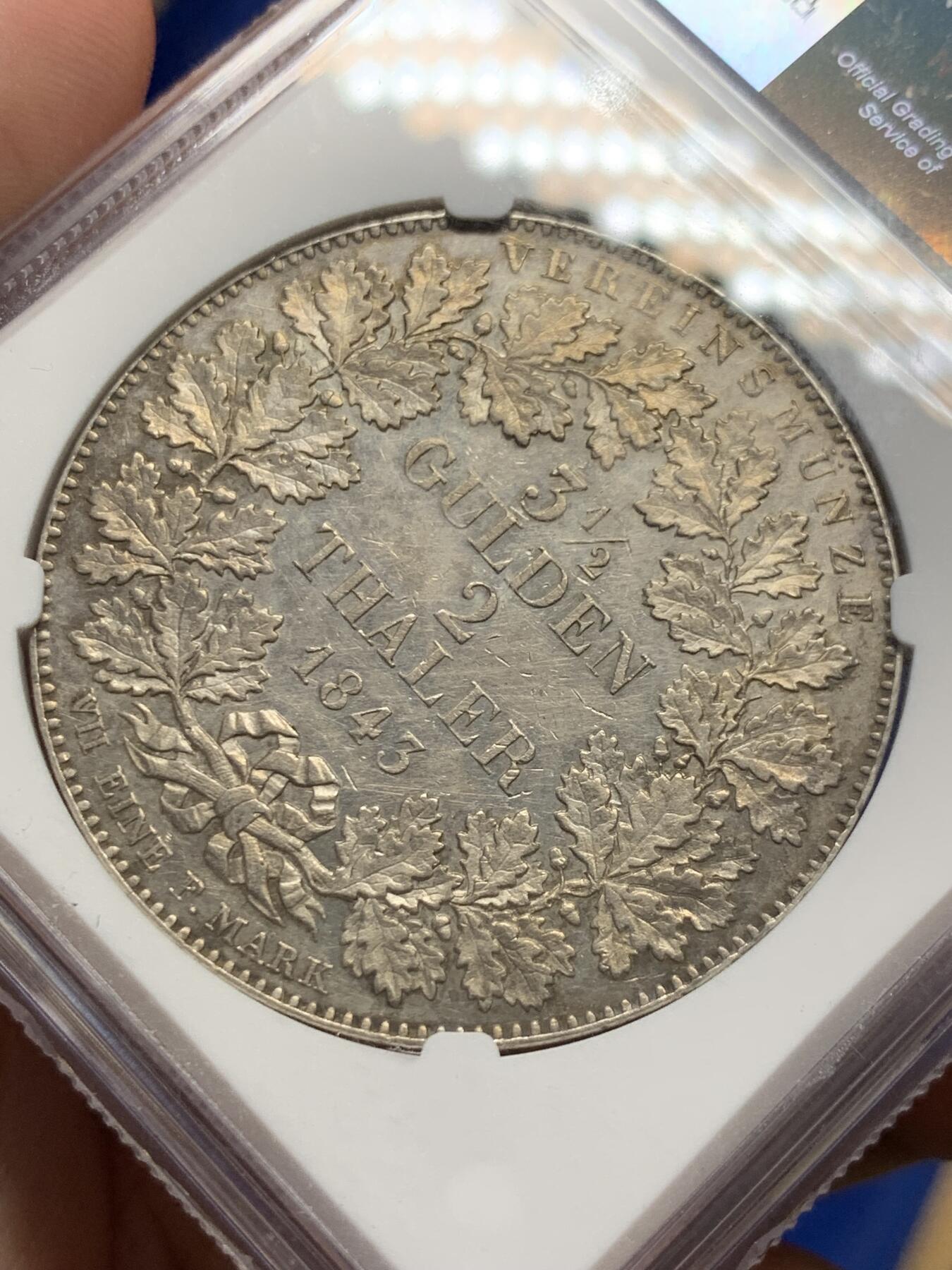 《竞宝斋》秋分专场 2-1 中拍送定制纪念章 周日，周一（全场顺丰包邮）310场 NGC UNC 德国 1843 法兰克福 景观 2泰勒 大银币 整体极佳 热门景观泰勒品种