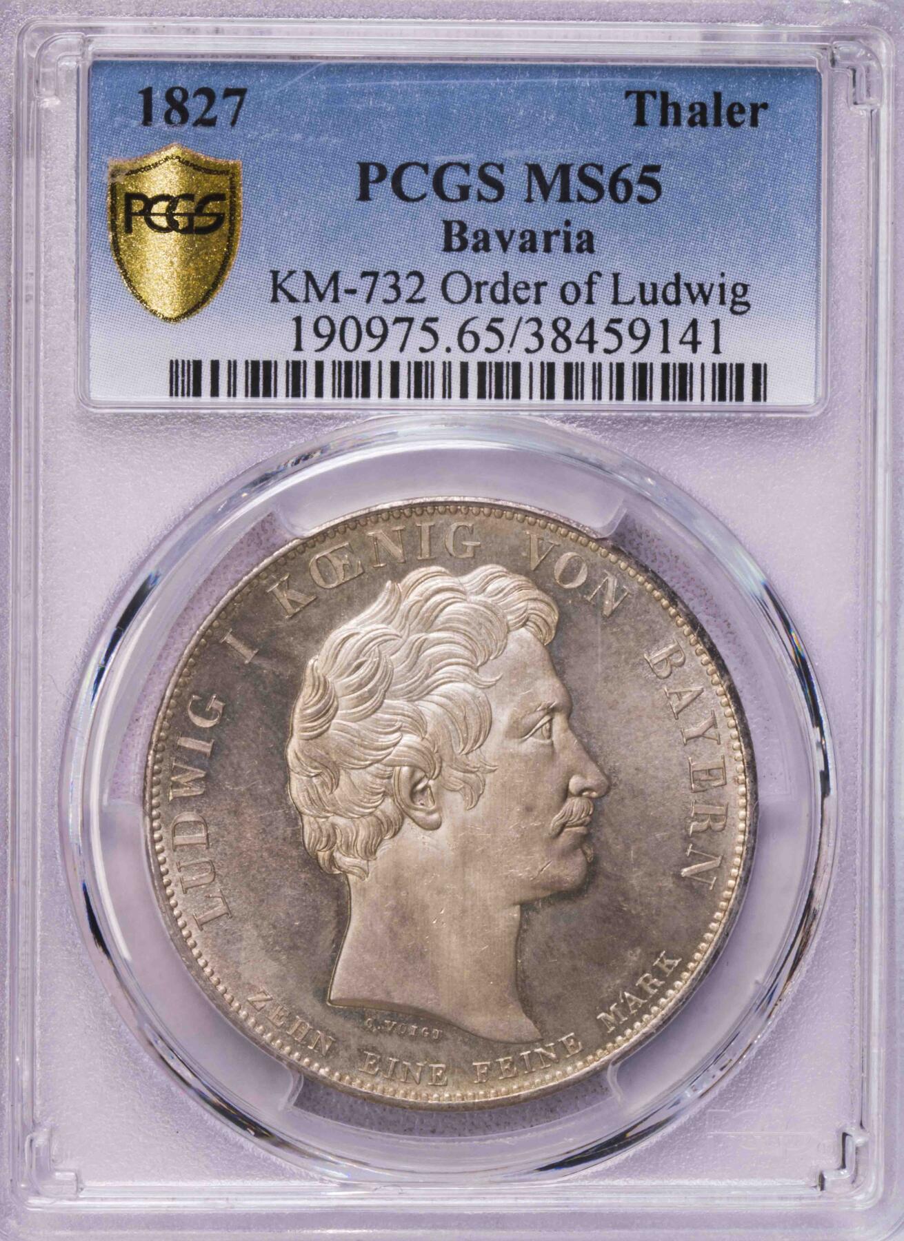 PCGS-MS65 1827巴伐利亚路德维西勋章泰勒大银币唯一冠军