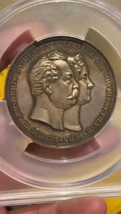PCGS-SP64 1858黑森达姆斯塔特双头女神大银章唯一冠军
