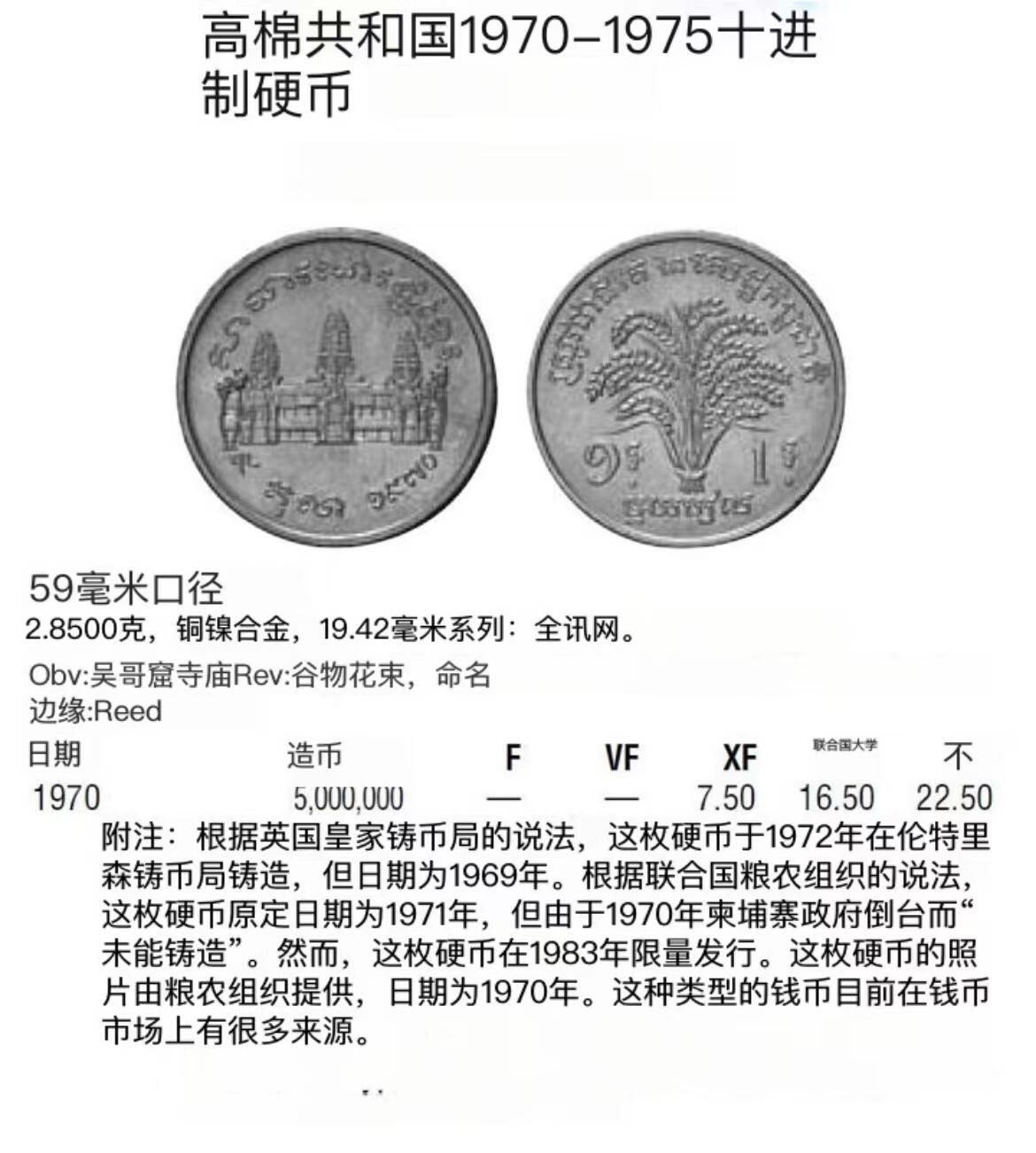 天业钱币散币、银币拍卖第62次专场 全场0元起拍0佣金转发分佣，欢迎围观参拍 柬埔寨1970年1瑞尔 FAO 高棉共和国唯一枚钱币 (目录价高） UNC