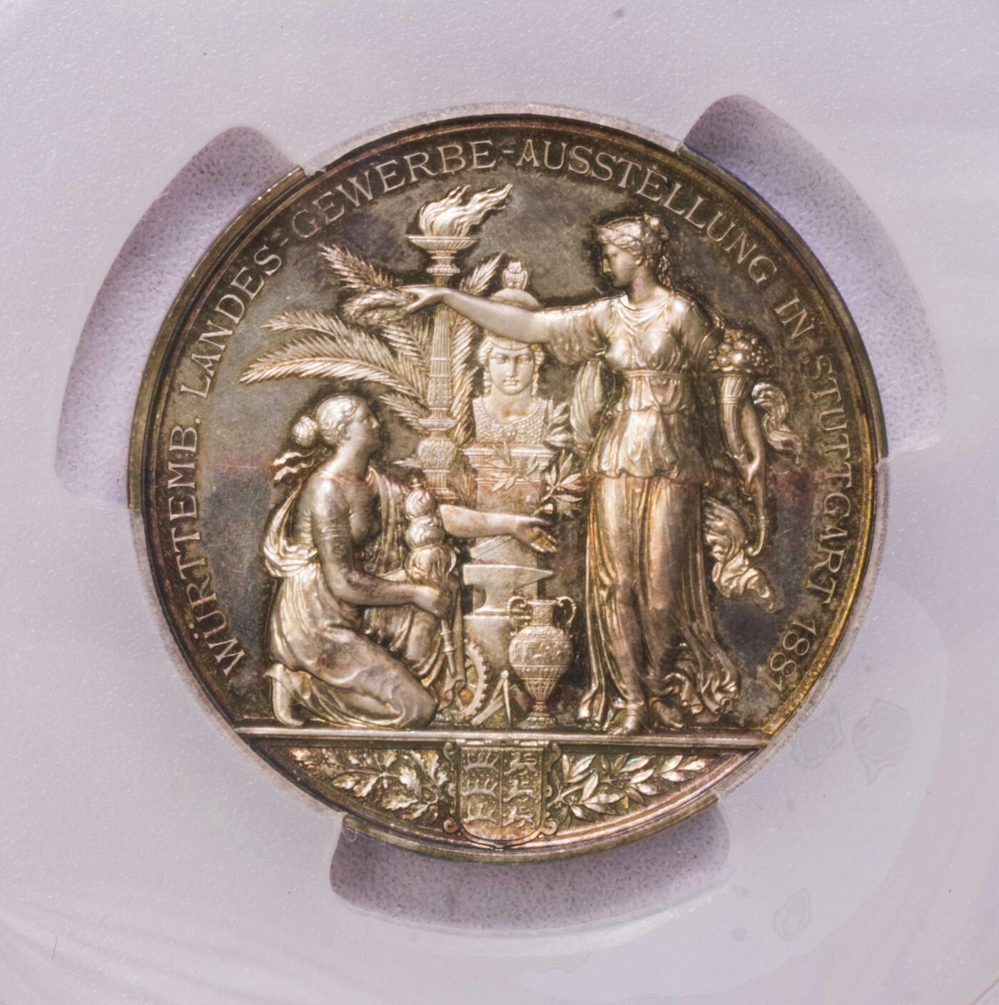 PCGS-SP63 1881符腾堡卡尔大银章唯一冠军五彩包浆