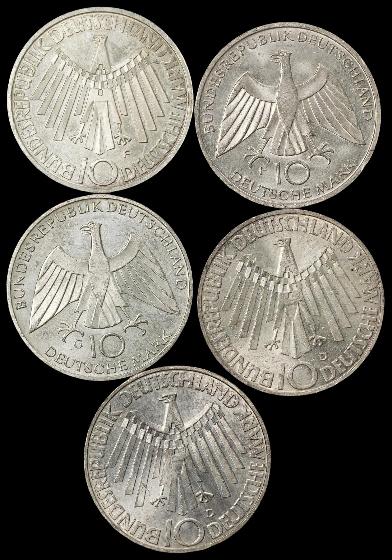 修遠堂世界钱币第四十期 全场包邮 1972年德国慕尼黑奥运会10马克纪念银币五枚 每枚重15.50g，含银62.5%