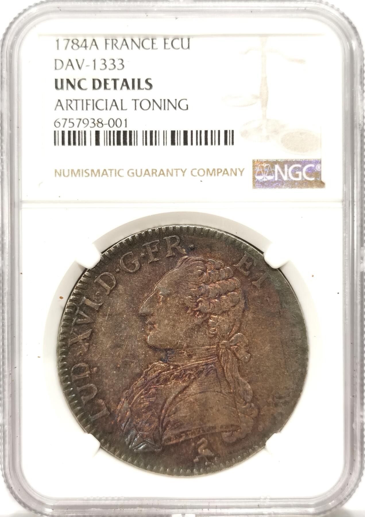博洋堂世界钱币拍卖第092期（全场包邮） NGC UNC 法国1784年路易十六1埃居大银币，极其赏心悦目的五彩包浆