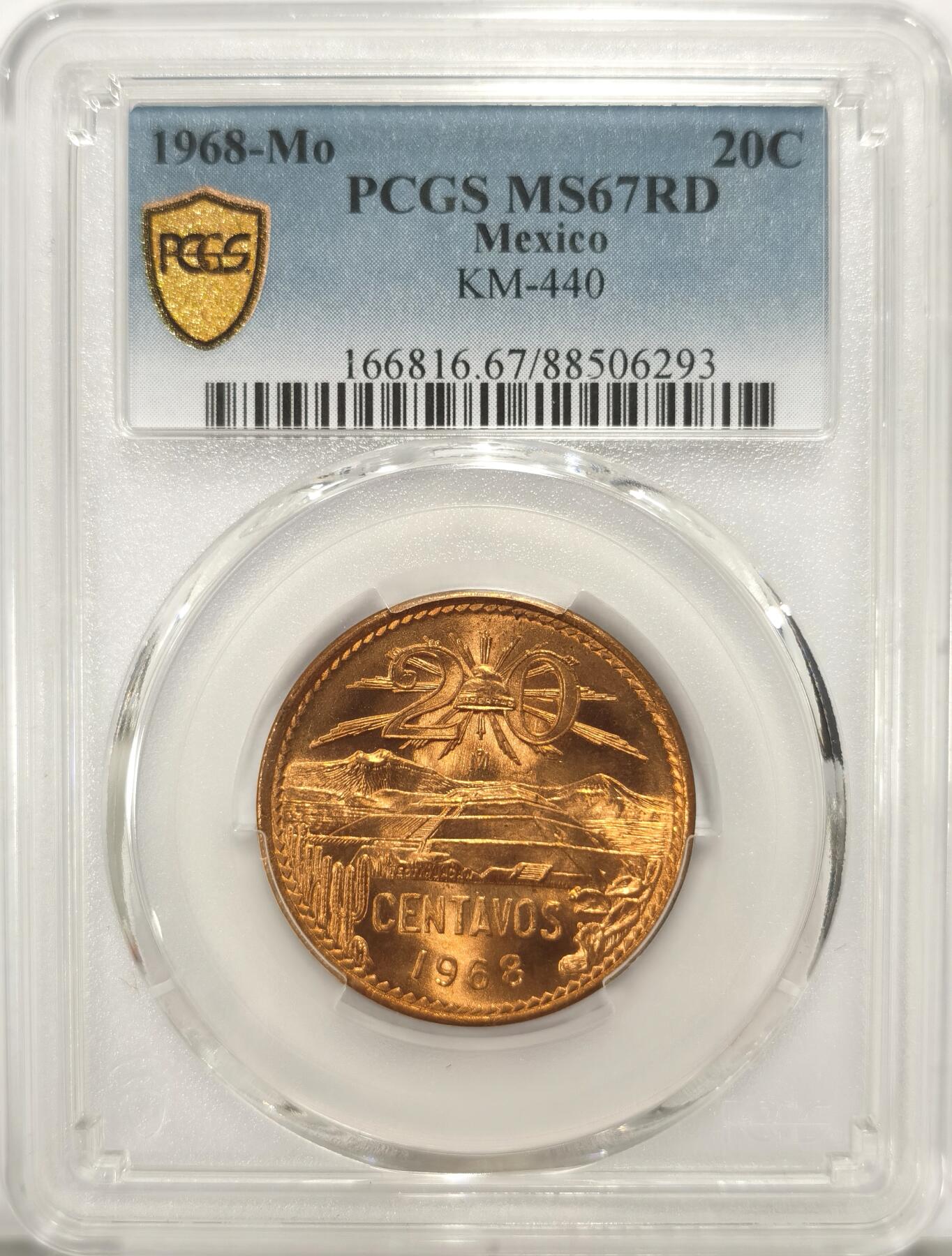 博洋堂世界钱币拍卖第092期（全场包邮） PCGS MS67RD 墨西哥1968年20分鹰洋铜币，PCGS最高分！