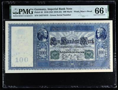 【Blue Auction】✨世界纸币精拍第548期【精】 -  【绿库印版冠军分】德国 1910年100马克 超大票幅 PMG66EPQ 