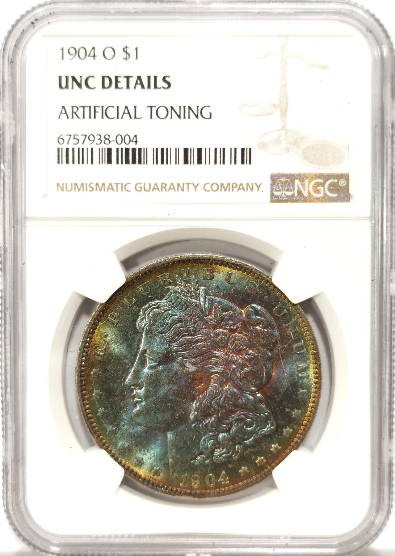 博洋堂世界钱币拍卖第092期（全场包邮） NGC UNC 美国1904年O版摩根大银币，极致梦幻五彩，出分无敌2