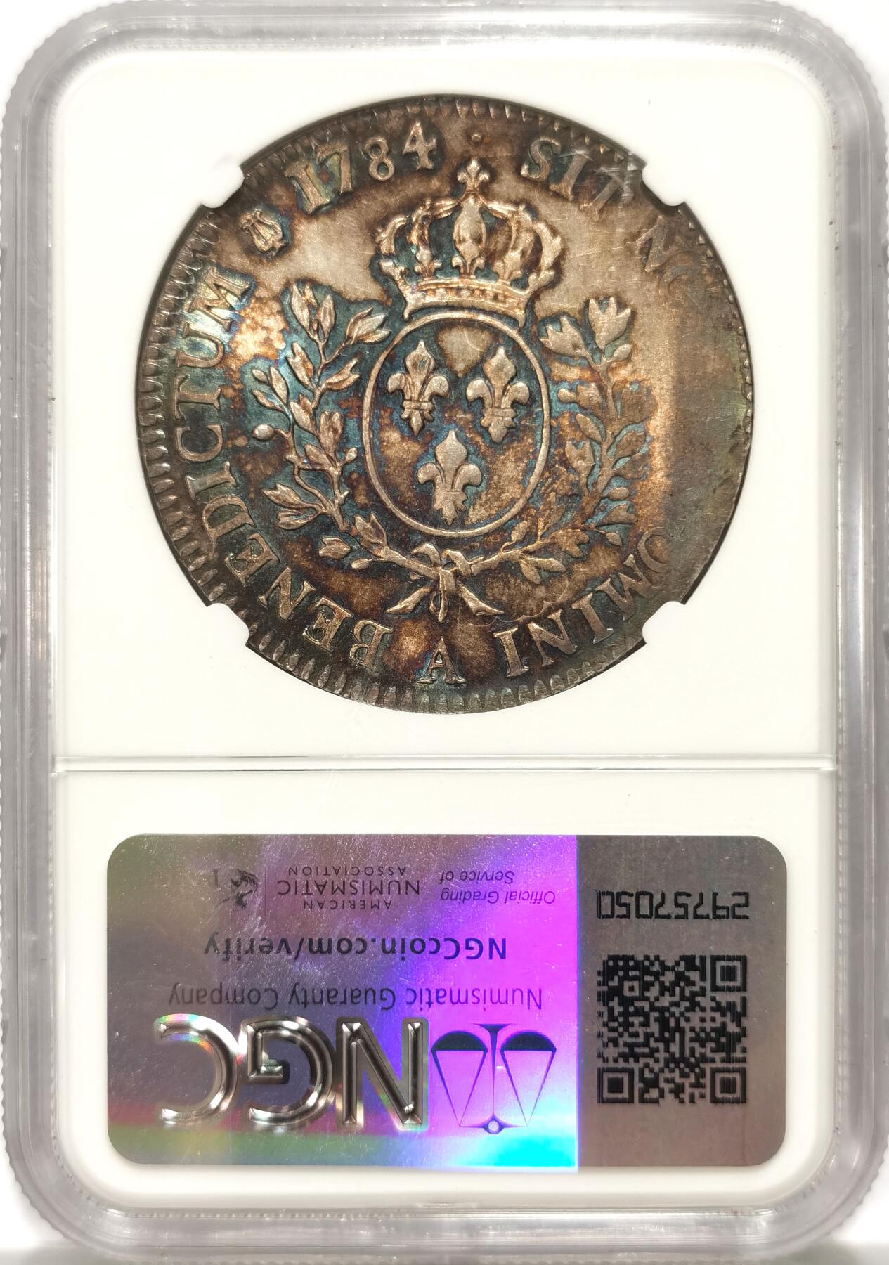 博洋堂世界钱币拍卖第092期（全场包邮） NGC UNC 法国1784年路易十六1埃居大银币，极其赏心悦目的五彩包浆