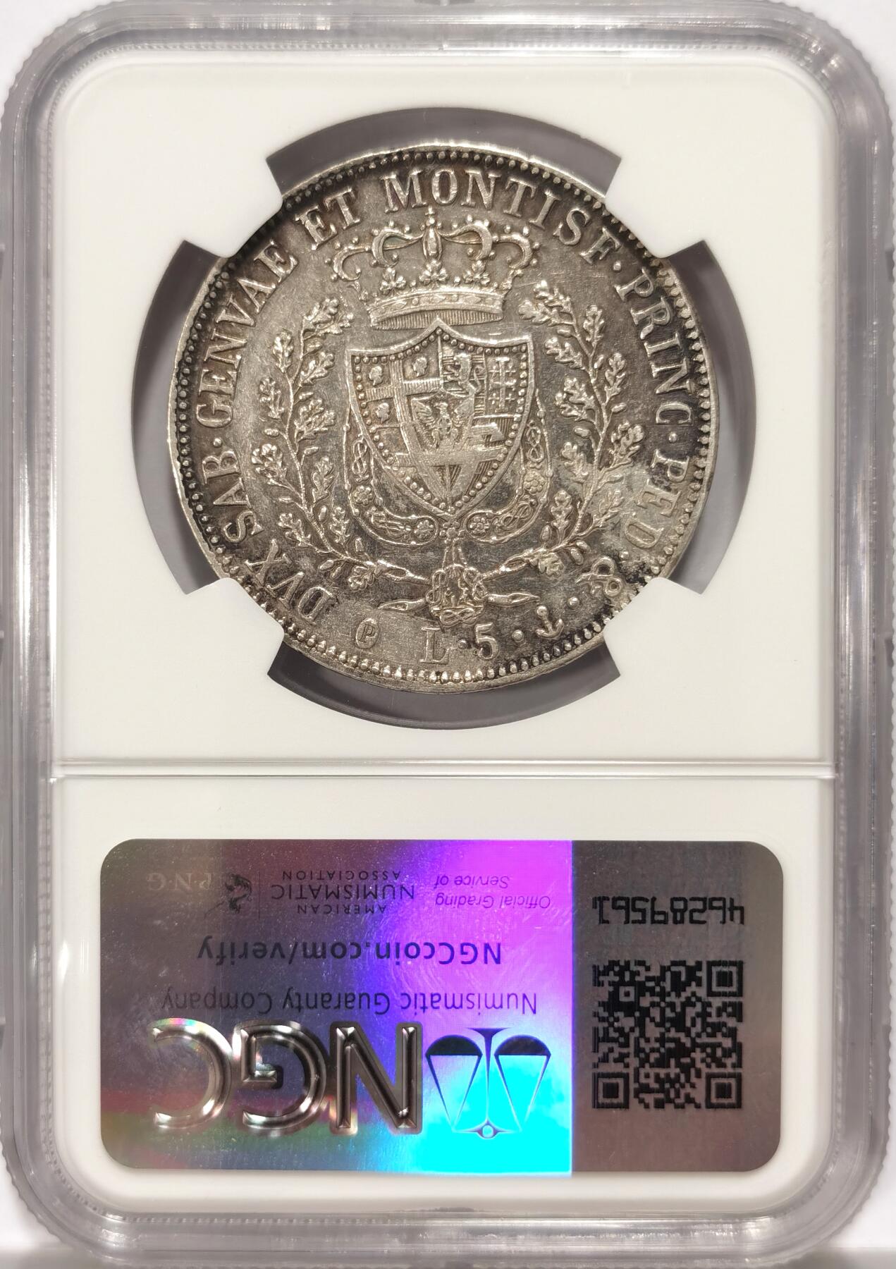 博洋堂世界钱币拍卖第092期（全场包邮） NGC AU 意大利撒丁岛1826年5里拉大银币，稀见品种