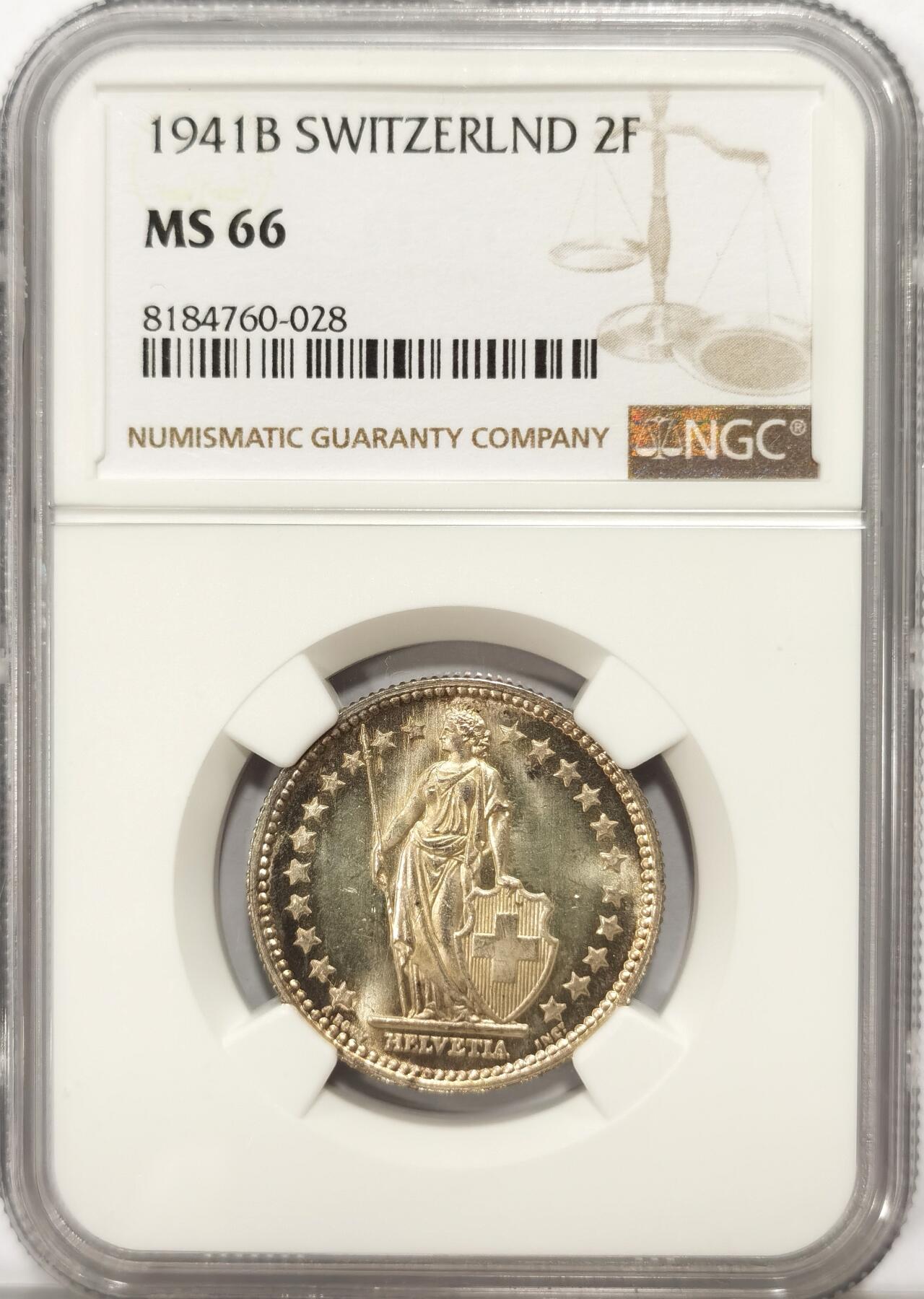 博洋堂世界钱币拍卖第092期（全场包邮） NGC MS66 瑞士1941年2法郎银币 非常漂亮的黄油五彩包浆，早期年份高分极其少见，博洋堂上一枚同分白币500元成交