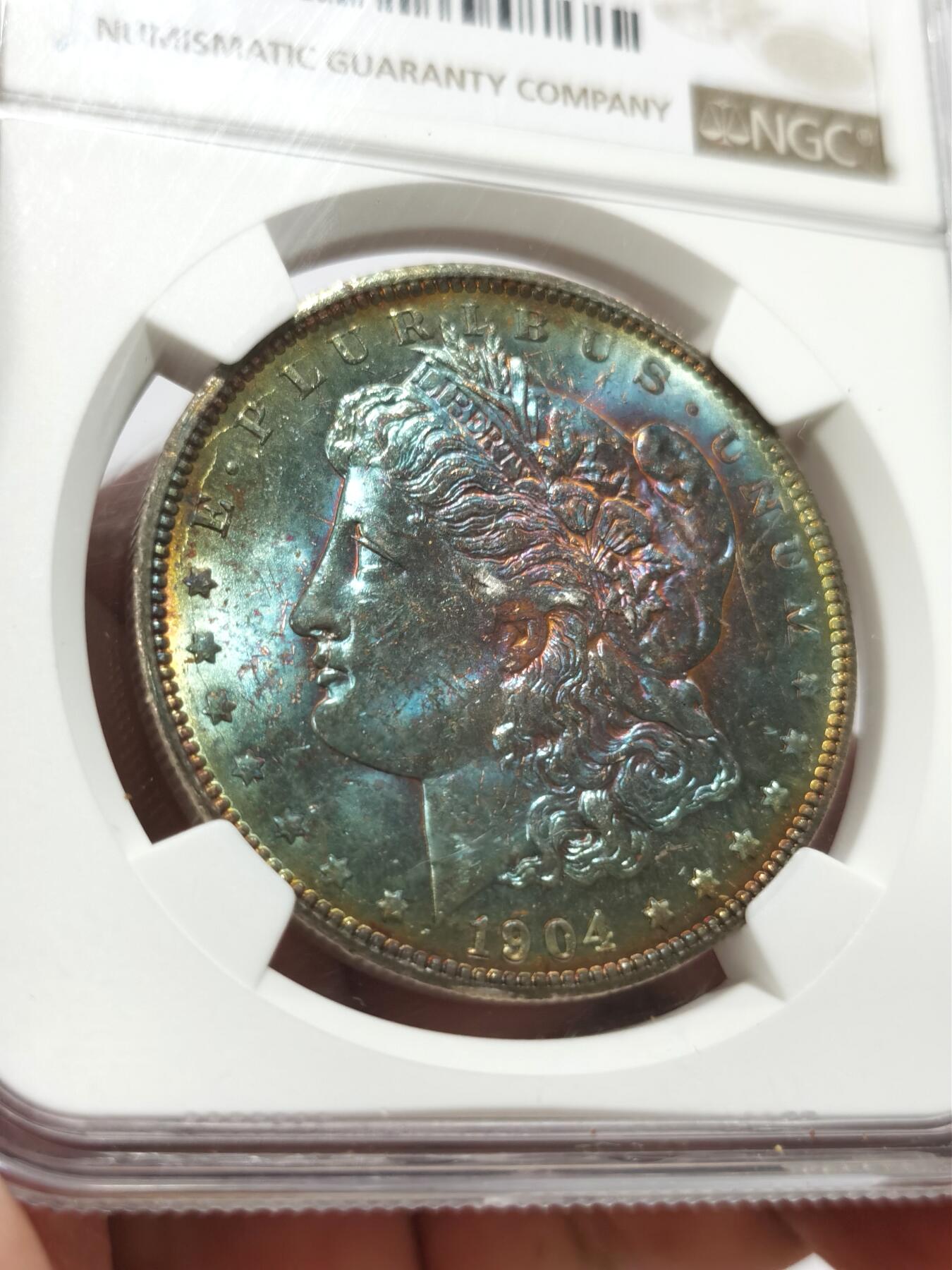 博洋堂世界钱币拍卖第092期（全场包邮） NGC UNC 美国1904年O版摩根大银币，极致梦幻五彩，出分无敌2