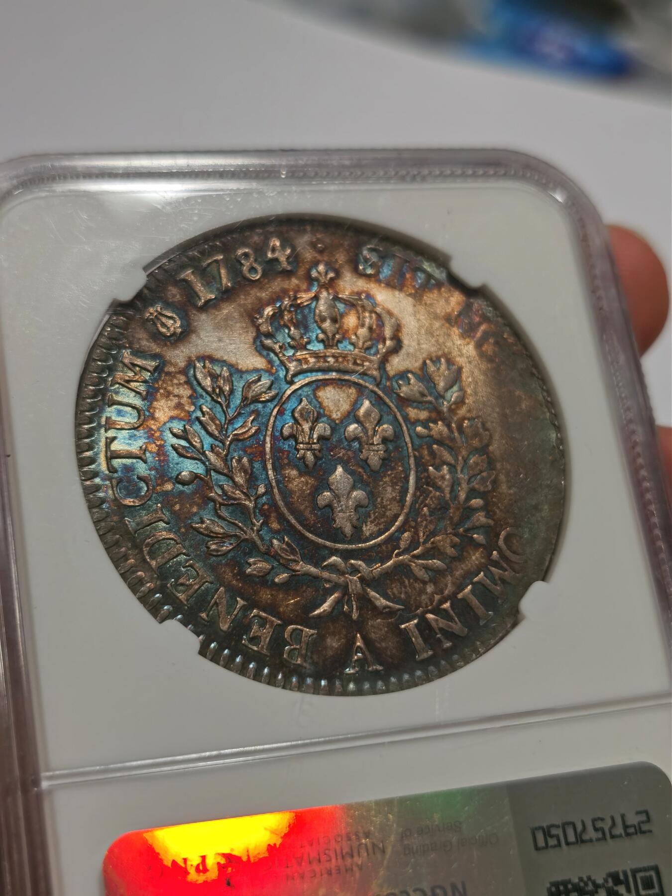 博洋堂世界钱币拍卖第092期（全场包邮） NGC UNC 法国1784年路易十六1埃居大银币，极其赏心悦目的五彩包浆