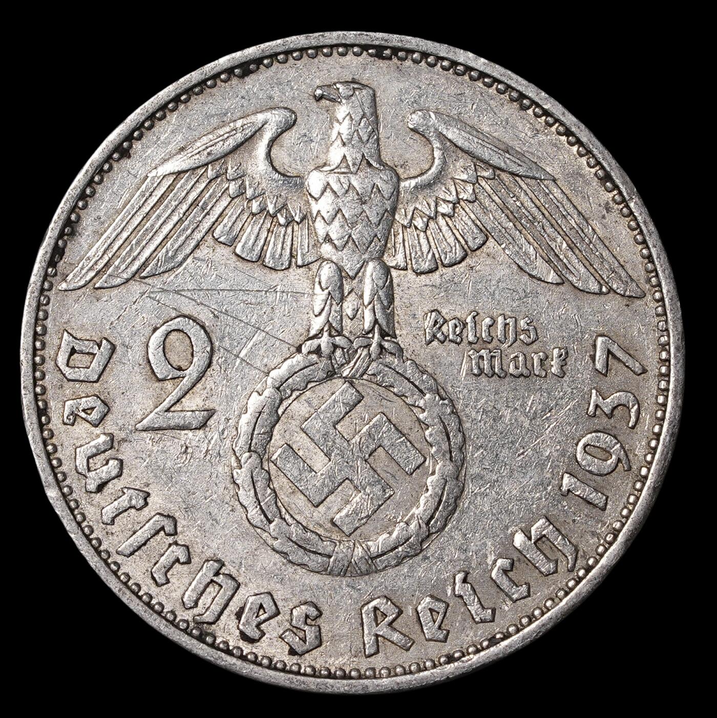 修遠堂世界钱币第四十期 全场包邮 1937年德三兴登堡2马克银币 A厂铭