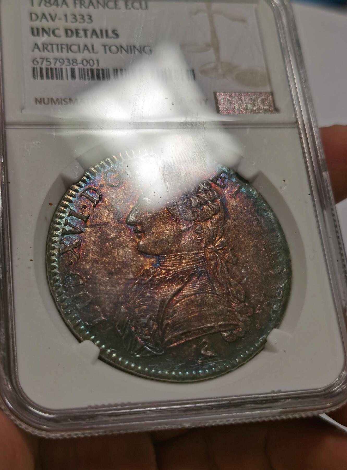 博洋堂世界钱币拍卖第092期（全场包邮） NGC UNC 法国1784年路易十六1埃居大银币，极其赏心悦目的五彩包浆