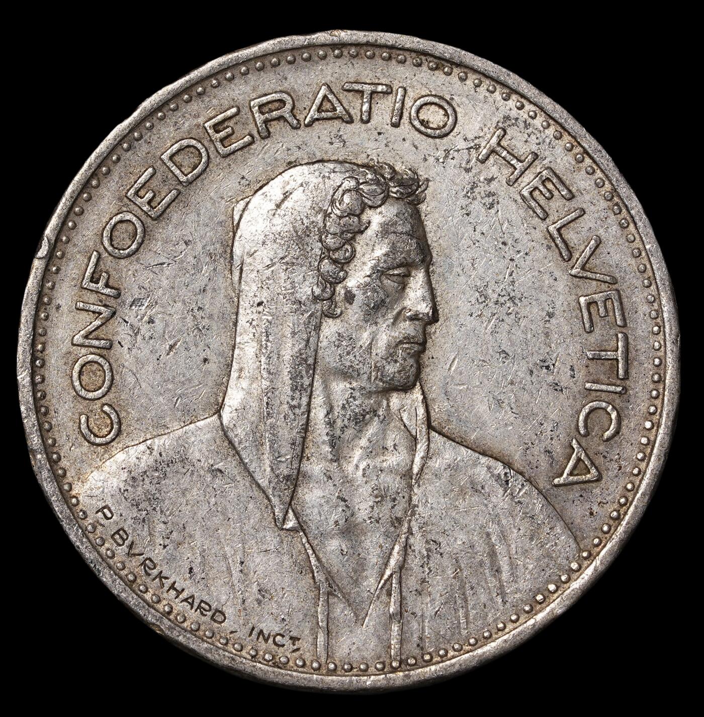 修遠堂世界钱币第四十期 全场包邮 1939年瑞士5法郎银币 15g，含银83.5%