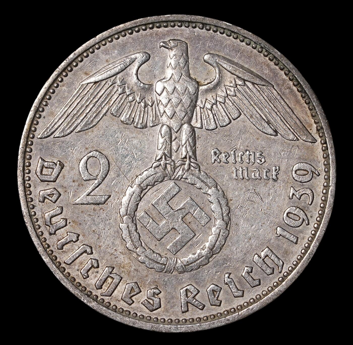 修遠堂世界钱币第四十期 全场包邮 1939年德三兴登堡2马克银币 A厂铭