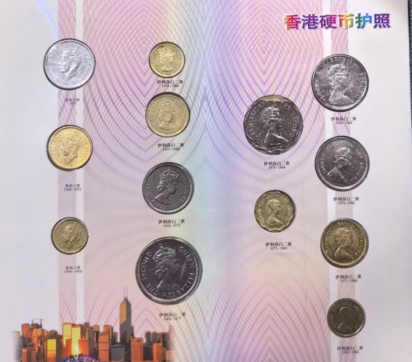 北京马甸外国币专卖微拍第126期，外国非贵金属纪念币，流通币专场，陆续上新，欢迎关注 从钱币看香港的殖民史：乔六版，女皇（尖冠，低冠，高冠）三个版，紫金花版，及女皇壹分纸币的香港流通钱币护照册，